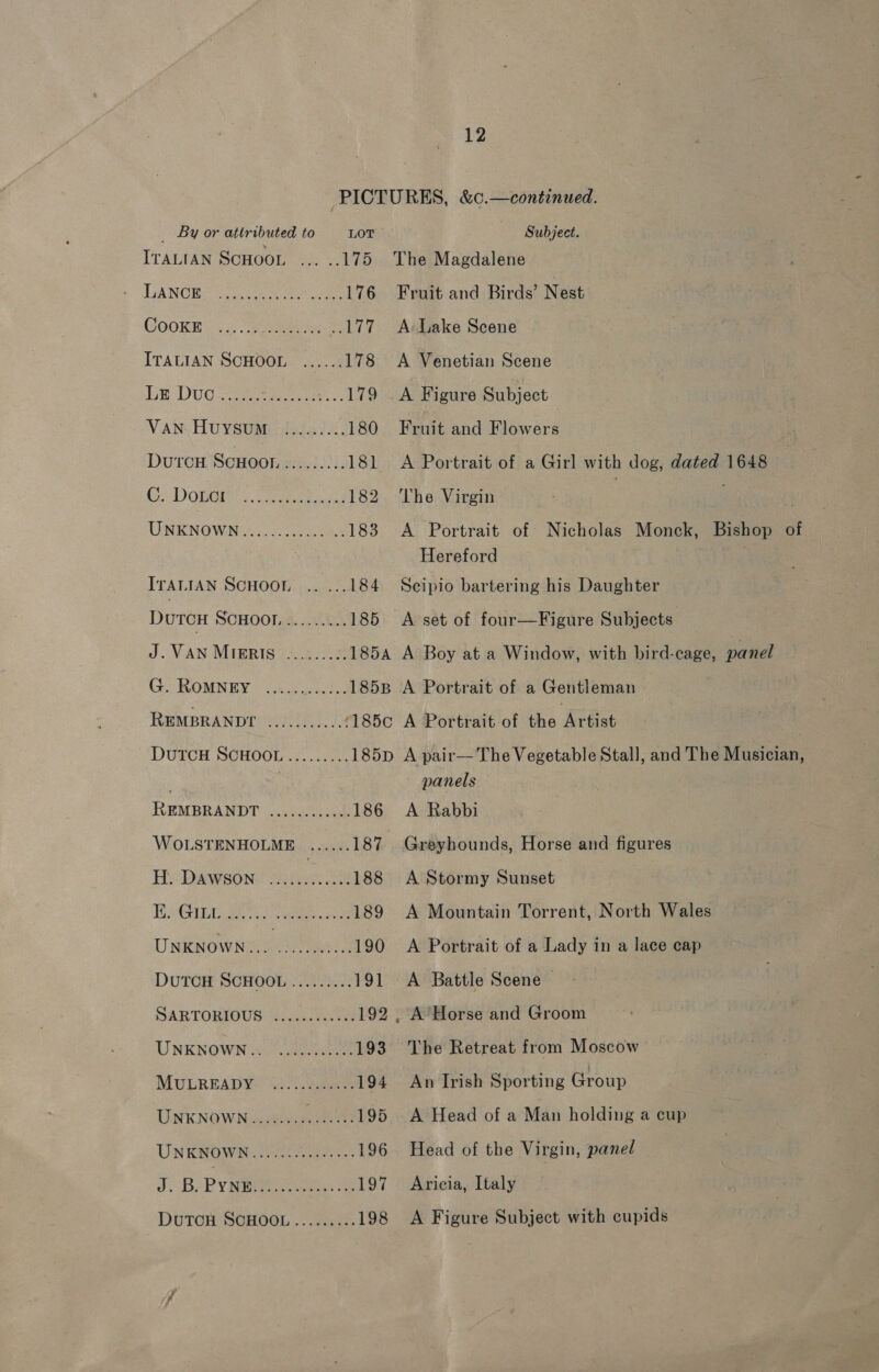 _ By or attributed to LOT ITALIAN SCHOOL ... ..175 LANGRE Psa Whee 176 COOKE... awe LUT ITALIAN SCHOOL ...... 178 Ln DUGSe Reeser 179 VAN. HuYSUM. i.j...6:, 180 DutcH SCHOOL ......... 181 GoD OnGIS sates 182 UNKNOWN CAM tae 183 ITALIAN SCHOOE. 20.5 184 DUTCH SCHOOL ......... 185 J. VAN MIERIS © %..8...5 G. ROMNEY REMBRANDT DUTCH SCHOOL eevee eee REMBRANDT a aeenthaaae 186 WOLSTENHOLME ...... 187 Hs: DAWSON! Saitek 188 HGR ee ne 189 UNKNOWN... Careers a 190 DUTCH SCHOOL......... Pi SARTORIOUS: “2.c.i. i eae 192 UNKNOWN 2. 0.0 e08. 193 MULREADY. 27). fae 194 UNKNOWNiwe eee ee 195 UNKOWN. rol aes. 196 o:°B; Pyne Eee an TOY DuTOH SCHOOL ......... 198 Subject. The Magdalene Fruit and Birds’ Nest A: Lake Scene A Venetian Scene A Figure Subject Fruit and Flowers A Portrait of a Girl with dog, dated 1648 The Virgin : A Portrait of Nicholas Monck, Bishop of Hereford | Seipio bartering his Daughter A set of four—Figure Subjects panels A Rabbi Greyhounds, Horse and figures A Stormy Sunset A Mountain Torrent, North Wales A Portrait of a Lady in a lace cap A Battle Scene | . A Horse and Groom The Retreat from Moscow An Irish Sporting Group A Head of a Man holding a cup Head of the Virgin, panel Aricia, Italy A Figure Subject with cupids