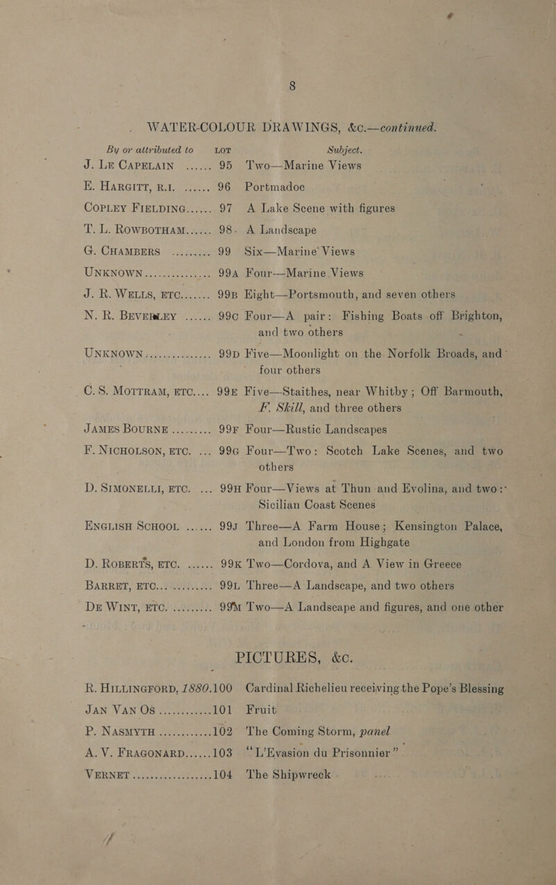 By or attributed to LOT Subject. J. LE CAPELAIN ©... Ab 95 Two—Marine Views He AR CITE ae 96 Portmadoc CoPLEY FIELDING...... 97 A Lake Scene with figures T. L. RowgpoTHam...... 98. A Landscape G. CHAMBERS ......... 99 Six—Marine’ Views UNKNOWN...... BG ee 994 Four—Marine Views J. R. WELLS, RTO....... 99B Hight—Portsmouth, and seven others N. R. BEVERLEY ...... 99c Four—A pair : Fishing Boats off Brighton, : and two others : UNKNOWN pave Be oe, 99D Five—Moonlight on the. Norfolk Broads, and’ four others F. Skill, and three others JAMES BOURNE......... 99F Four—Rustic Landscapes IF’. NICHOLSON, ETC. ... 99G Four—Two: Scotch Lake Scenes, and two . others D. SIMONELLI, ETC. ... 99H Four—Views at Thun and Evolina, and two: Sicilian Coast Scenes : ENGLISH SCHOOL ...... 993 Three—A Farm House; Kensington Palace, and London from Highgate D. RoBERTS, ETO. ...... 99K Two—Cordova, and A View in Greece BARRETT, ETC: Peer. ies 99 Three—A Landscape, and two others | DE WINT, ETC.) 2278), 99M Two—A Landscape and figures, and one other R. HILLINGFORD, 1880.100 JAN VAN Os sere mage 101 PO NASMVTH. ee 5. ee 102 WV MENT sce eee ee 104 Cardinal Richelieu receiving the Pope’s Blessing Fruit The Coming Storm, panel “TEyasion du Prisonnier” The Shipwreck