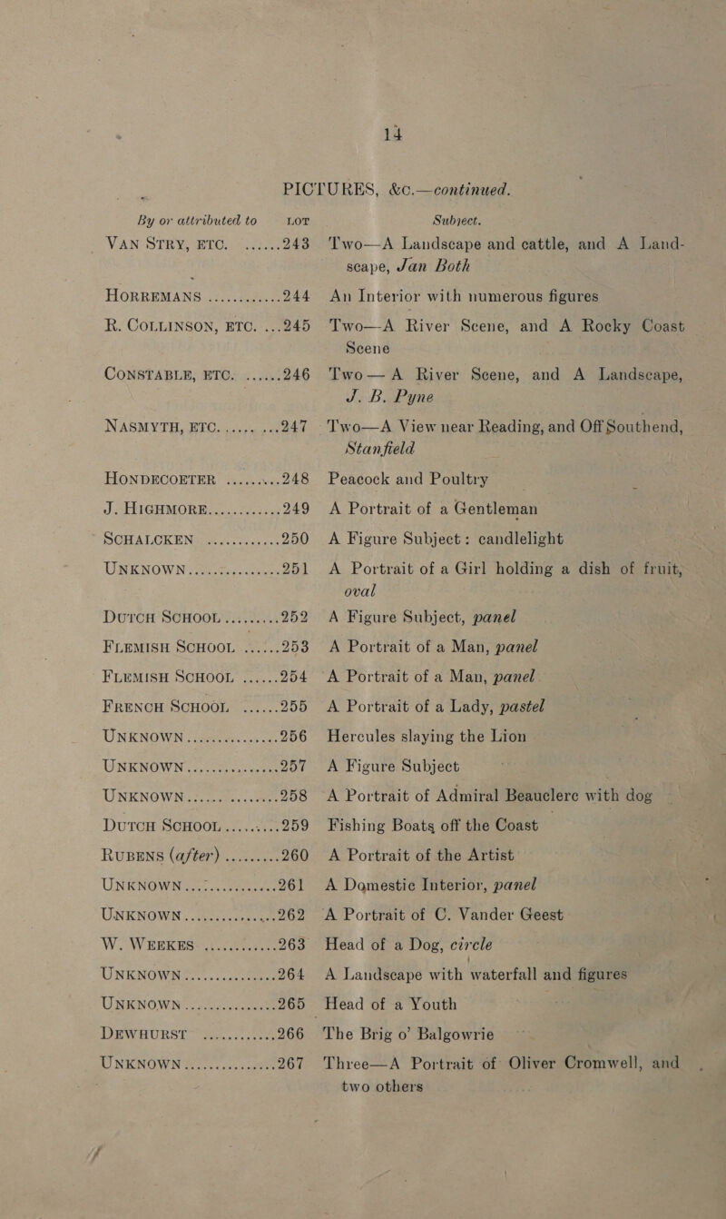 By or attributed to LOT VAN STRY-STC. 2. 243 HORREMANS .........00- 244 R. COLLINSON, ETC. ...245 CONSTABLE, ETC. ...... 246 NASM YTH BPO a oe 247 HONDECOETER hua .5 248 J. SHIGHMORR. a0: fo. sone 249 NOHALCK EN. Joc. ca 250 UENO WIN ie eeg coenee 25) DurcH SCHOOL......... 252 FLEMISH SCHOOL ...... 253 FLEMISH SCHOOL ...... 254 FRENCH SCHOOL ...... 230 UNKNOWN 28 256 UNKNOWN: 4 coiiosc sowie 257 UNENGWHet ose 258 DutTcH SCHOOL..... vies 09 RUuBENS (after) ......... 260 UNENOW WN Goss on cates 261 UNKNOWN.........02.» 202 W. WEEK ES<o nese 263 UNENOWN it... scot 264 UNKNOWN coo. ce. ners 265 DEWRURST Ran. ae 266 UO NIENGWIN Yr... 1 sees 267 Subject. Two—A Landscape and cattle, and A Land- scape, Jan Both An Interior with numerous figures Two—A River Scene, and A Rocky Coast Scene Two—A River Scene, and A Landseape, J. B. Pyne T'wo—A View near Reading, and Off Southend, Stanfield Peacock and Poultry 7 A Portrait of a Gentleman A Figure Subject: candlelight A Portrait of a Girl holding a dish of fruit, oval A Figure Subject, panel A Portrait of a Man, panel A Portrait of a Lady, pastel Hercules slaying the Lion A Figure Subject | A Portrait of Admiral Beauclere with dog Fishing Boats off the Coast | A Portrait of the Artist A Domestic Interior, panel Head of a Dog, circle A. Landscape with Waterfall and figures Head of a Youth The Brig 0’ Balgowrie Three—A Portrait of Oliver Cromwell, and two others