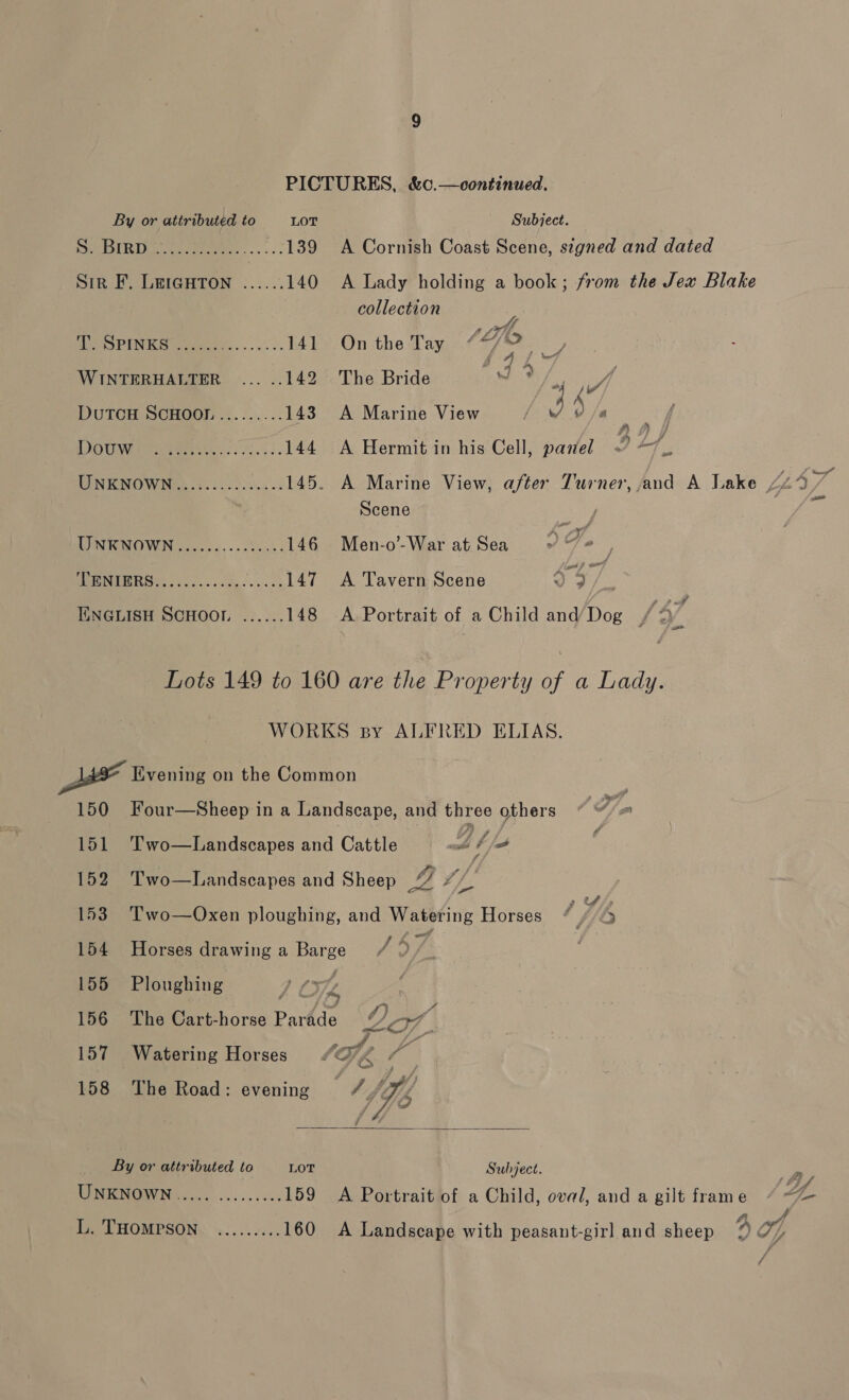  bi RD eee... 139 A Cornish Coast Scene, signed and dated Sir F. LEIGHTON ...... 140 A Lady holding a book; from the Jex Blake collection kg she SPINK Gear...’ -. 141 On the Tay oF horus i DuTCH SCHOOL ......... 143 A Marine View 34 Rol ty RON UE sa 144 A Hermit in his Cell, panel 2 tf UNKNOWNS). 3... 05.6.4: 145. A Marine View, after Turner, and A Lake pf ‘ fe Scene WINK NOWN 5. .a00.--sSsc8; 146 Men-o-War at Sea y Sn 147 A Tavern Scene te ENarisu Scuoor, ......148 A Portrait of a Child and/Dog /4” Lots 149 to 160 are the Property of a Lady. WORKS spy ALFRED ELIAS. JSF Evening on the Common 150 Four—Sheep in a Landscape, and three others 151 Two—Landscapes and Cattle Zt od 152 Two—lLandscapes and Sheep Bf Ape 153 Two—Oxen ploughing, and Watering Horses “cb Uf, 154 Horses drawing a Barge 7 155 Ploughing Vo fa : 156 The Cart-horse Parade D7 : 157 Watering Horses’ « ‘Nf ate 158 The Road: evening — bye By or attributed to LOT Subject. 2 DENG Gol... son 159 A Portrait of a Child, oval, and a gilt frame 4p. Ty EHOMPSOM. §..5.. 005. 160 A Landscape with peasant-girl and sheep 4 ff
