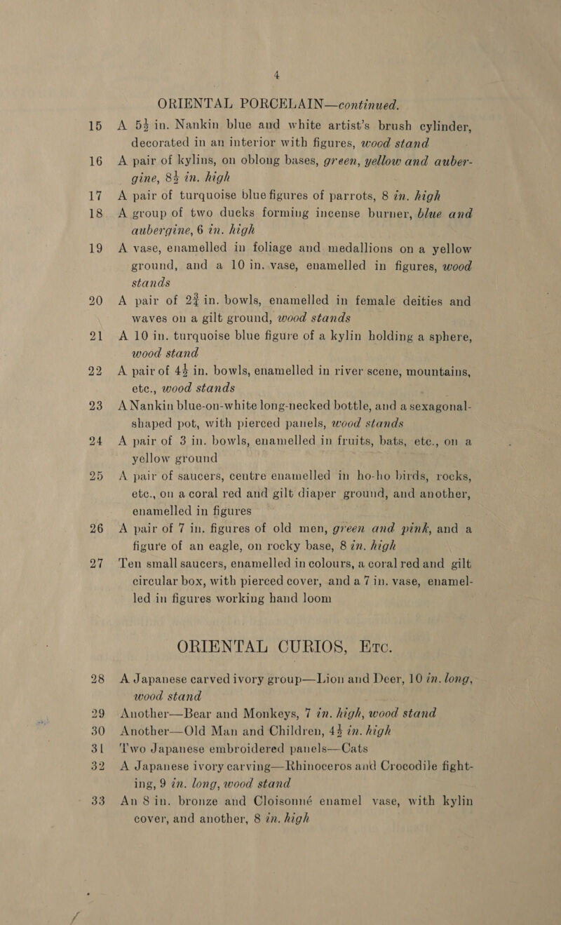 15 16 26 27 4 ORIENTAL PORCELAIN—continued. A 5% in. Nankin blue and white artist’s brush eylinder, decorated in an interior with figures, wood stand A pair of kylins, on oblong bases, green, yellow and auber- gine, 84 in. high A pair of turquoise blue figures of parrots, 8 in. high A group of two dueks forming incense burner, blue and aubergine, 6 in. high A vase, enamelled in foliage and medallions on a yellow ground, and a 10 in. vase, enamelled in figures, wood stands . A pair of 2¢in. bowls, enamelled in female deities and waves on a gilt ground, wood stands A 10 in. turquoise blue figure of a kylin holding a sphere, wood stand | A pair of 44 in. bowls, enamelled in river scene, mountains, etc., wood stands A Nankin blue-on-white long-necked bottle, and a sexagonal- shaped pot, with pierced panels, wood stands A pair of 3 in. bowls, enamelled in fruits, bats, ete., on a yellow ground A pair of saucers, centre enamelled in ho-ho birds, rocks, etc., on acoral red and gilt diaper ground, and another, enamelled in figures . A pair of 7 in. figures of old men, green and pink, and a figure of an eagle, on rocky base, 8 an. high Ten small saucers, enamelled in colours, a coral red and gilt circular box, with pierced cover, and a7 in. vase, enamel- led in figures working hand loom ORIENTAL CURIOS, Etc. A Japanese carved ivory group—Lion and Deer, 10 in. long, wood stand Another—Bear and Monkeys, 7 7n. high, wood stand Another—Old Man and Children, 44 in. high ‘wo Japanese embroidered panels—Cats A Japanese ivory carving—RKhinoceros and Crocodile fight- ing, 9 2n. long, wood stand An 8 in. bronze and Cloisonné enamel vase, with kylin cover, and another, 8 zn. high