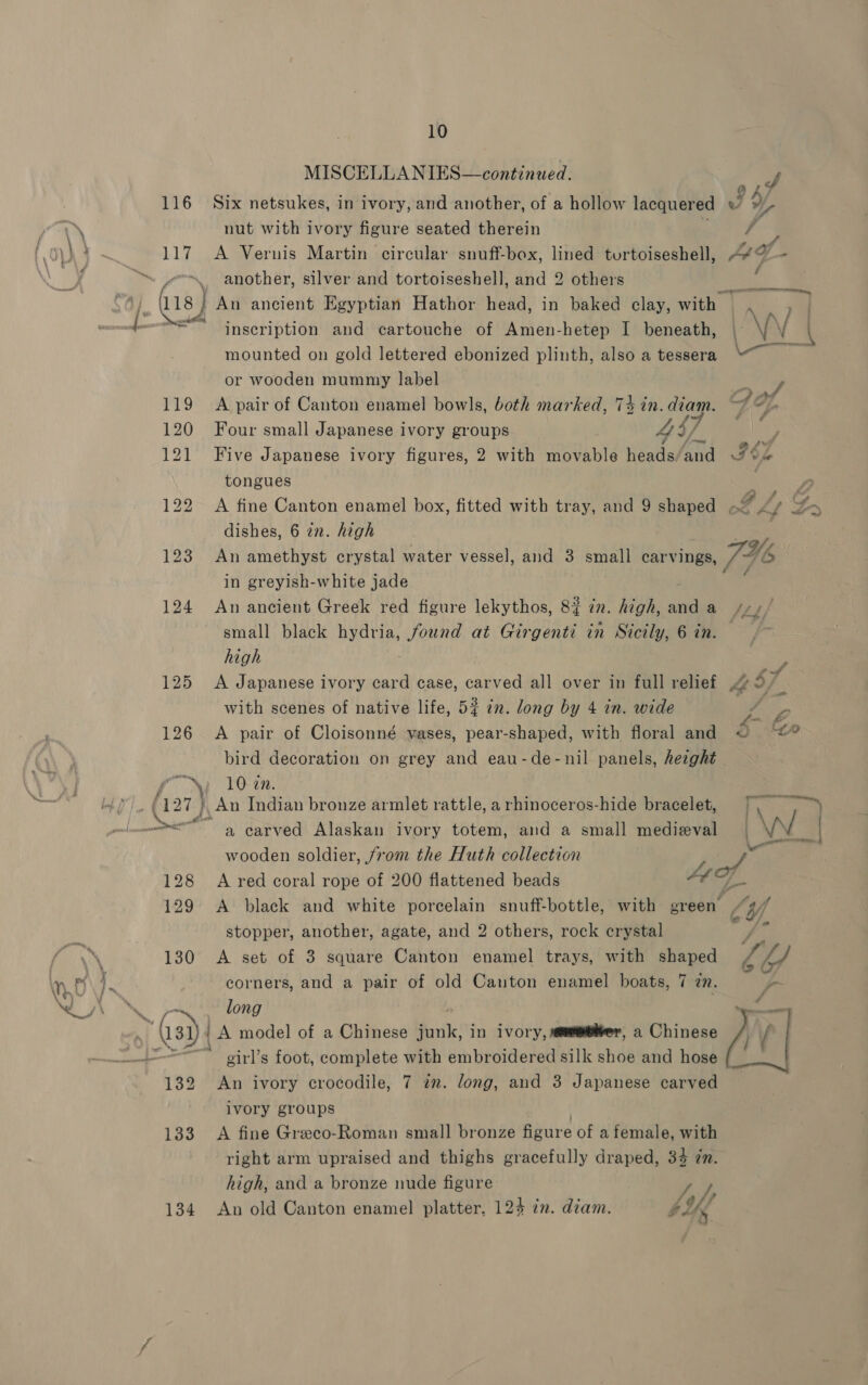 MISCELLANIES—continued. JS 116 Six netsukes, in ivory, and another, of a hollow lacquered J yy. aay nut with ivory figure seated therein iy do (6 ) { - 117 A Vernis Martin circular snuff-box, lined turtoiseshell, AAD. - f sles another, silver and tortoiseshell, and 2 others al $4]. 18} An ancient Egyptian Hathor head, in baked clay, with |  . +=“ inscription and cartouche of Amen-hetep I beneath, | VV \ mounted on gold lettered ebonized plinth, also a tessera ““~ or wooden mummy label 119 A pair of Canton enamel bowls, both marked, 74 in. diam. 7F 120 Four small Japanese ivory groups . 4s pele 121 Five Japanese ivory figures, 2 with movable heads. and Foi tongues vy, 122 A fine Canton enamel box, fitted with tray, and 9 shaped of Fs f L&gt; dishes, 6 zn. high 123 An amethyst crystal water vessel, and 3 small carvings, Vig (o in greyish-white jade 124 An ancient Greek red figure lekythos, 8% cn. high, ee a srg} small black hydria, found at Girgenti in Sicily, 6 in. high , 125 A Japanese ivory card case, carved all over in full relief .4 7. with scenes of native life, 5¢ 7n. long by 4 in. wide vil 126 A pair of Cloisonné vases, pear-shaped, with floral and © oo bird decoration on grey and eau-de-nil panels, hezght “\2 10-727. ' An Indian bronze armlet rattle, a rhinoceros-hide bracelet, fe: aii a carved Alaskan ivory totem, and a small medieval | \Av_| wooden soldier, from the Huth collection y fe 128 A red coral rope of 200 flattened beads FEET 129 A black and white porcelain snuff-bottle, with green YA ‘Y, stopper, another, agate, and 2 others, rock crystal 130 &lt;A set of 3 square Canton enamel trays, with shaped 44, nt \ 7. corners, and a pair of old Canton enamel boats, 7 an. yo emai QQ Fp Si a4 long ‘aio K (si) | A model of a Chinese fanik: in ivory, &lt;mmeiver, a ovinewe / | near be girl’s foot, complete with embroidered silk shoe and hose 132 An ivory crocodile, 7 im. long, and 3 Japanese carved ivory groups | 133 A fine Greco-Roman small bronze figure of a female, with right arm upraised and thighs gracefully draped, 33 én. high, and a bronze nude figure y 134 An old Canton enamel platter, 124 ¢n. diam. ‘aff