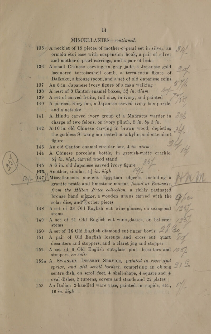 MISCELLANIES—continued. 135. A necklet of 19 pieces of mother-o’-pear] set in silver, an ormolu étui case with suspension hook, a pair of silver and mother-o’-pearl earrings, and a pair of liwks 136 A small Chinese carving, in grey jade, a Japanese gold ages lacquered tortoiseshell comb, a terra-cotta figure of ; Daikoku, a bronze spoon, and a set of old Japanese coins 137 An 8 in. Japanese ivory figure of a man walking 9 Sf 138 A nest of 3 Canton enamel boxes, 3% in. diam. ag A 139 A set of carved fruits, full size, in ivory, and painted of, ef 140 &lt;A pierced ivory fan, a Japanese carved ivory box puzzle, and a netsuke 141 A Hindu carved ivory group of a Mahratta warder in charge of two felons, on ivory plinth, 5 in. by 3 in. | 142 A-10 in. old Chinese carving in brown wood, depicting #7// the goddess Si-wang-mu seated on akylin, and attendant ~ ~ figure | 143 An old Canton enamel circular box, 4 2m. diam. 144 A Chinese porcelain bottle, in greyish-white crackle, 5% in. high, carved wood stand appl N 145 A 6 in. old Japanese carved ivory figure _ : Another, similar, 43 in. high “4 é Co) W47]\ Miscellaneous ancient Egyptian objects, including a, f/f a oe oem granite pestle and limestone mortar, found at Bubastis, —————— , From the Hilton Price collection, a richly patinated bronze hand migxer, a wooden ureus carved with the oP solar disc, and“) other pieces J  ee ye 148 Aset of 23 Old English cut wine glasses, on sexagonal // 4/_- stems 4 149 A set of 21 Old English cut wine glasses, on baluster Ve stems nh 2 150 A set of 16 Old English diamond cut finger bowls 2 &lt;2 151 &lt;A pair of Old English lozenge and cross cut quart decanters and stoppers,.and a claret jug and stopper 152 A set of 6 Old English cut-glass pint decanters and ,“) A’ stoppers, en sucte 1524 A SwANsEA DESSERT SERVICE, painted in roses. and sprigs, and gilt scroll borders, comprising an oblong ~ / centre dish, on scroll feet, 4 shell-shape, 4 square and 4 oval dishes, 2 tureens, covers and stands and 22 plates 153 An Italian 2-handled ware vase, painted in cupids, etc., 16 in. high