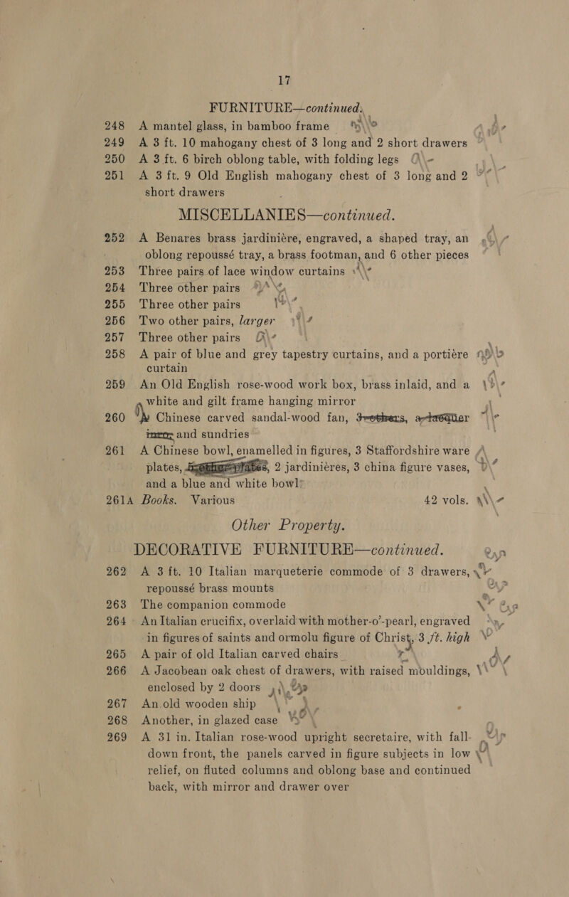 FURNITURE—continued, |  248 &lt;A mantel glass, in bamboo frame ) \e 249 A 3 ft. 10 mahogany chest of 3 long and 2 short drawers 250 A 3 ft. 6 birch oblong table, with folding legs (©\\- 251 A 3ft.9 Old English mahogany chest of 3 long and 2 short drawers MISCELLANIES—continued. 252 &lt;A Benares brass jardiniére, engraved, a shaped tray, an oblong repoussé tray, a brass footman, and 6 other pieces 253 Three pairs of lace window curtains A\ 254 Three other pairs *)* \ | 255 Three other pairs b\ 256 Two other pairs, larger «* 4 257 Three other pairs £\ 958 A pair of blue and grey tapestry curtains, and a portiere D&gt; curtain A 259 An Old English rose-wood work box, brass inlaid, and a 4»)? white and gilt frame hanging mirror 4 260 Chinese carved sandal-wood fan, deters, a-teédiier “i I and sundries 26h A Chinese bow], a a in figures, 3 Staffordshire ware erilates. , 2 jardinieres, 3 china figure vases, and a Bite on “aite bowl: : 2614 Books. Various 42 vols. \\\7 262 263 264 265 266 267 268 269 Other Property. repoussé brass mounts The companion commode An Italian crucifix, overlaid with mother-o’-pearl, engraved A pair of old Italian carved chairs Ap enclosed by 2 doors d i A An.old wooden ship \ Ay : Another, in glazed case 3” | A 31 in. Italian rose-wood upright secretaire, with fall- relief, on fluted columns and oblong base and continued back, with mirror and drawer over i i P sm a ‘