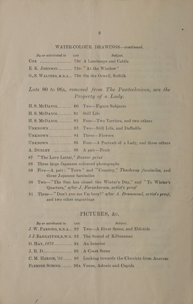 By or attributed to LOT Subject. COs Mee ae age ae 79c A Landscape and Cattle Hie K oS DHNSON 1. eo. eu: 79p “At the Window” G.S. WALTERS, R.B.A... 79E On the Orwell, Suffolk Lots 80 to 96a, removed from The Pantechnicon, are the Property of a Lady. FS: MODAVOR? .21. 80 Two—Figure Subjects H; Sic Davouw, ice 81 Still Life H.8S. McDayo.......... 82. Four—Two Terriers, and two others UNKNOWN 2 ee ie 83 Two—Still Life, and Daffodils WNKNOWN e's cee 84 ‘Three—Flowers AINKNOWN . ee eee 85 Four—A Portrait of a Lady, and three others Ace UDLEY« Gat. ca: 86 A pair—Fruit 87 “The Love Letter,” Baxter print 88 Three large Japanese coloured photographs 89 Five—A pair: “Town” and “Country,” Thackeray facsimiles, and three Japanese facsimiles 90 Two—‘The Sun has closed the Winter’s Day,” and “To Winter’s Quarters,” after J. Larquharson, artist’s proof 91 Three—*‘Don’t you see I’m busy?” after A. Drummond, artist’s proof, and two other engravings . PICTURES, &amp;c. By or attributed to LOT 3 Subject. J. W. PARSONS, R.B.A... 92. ZTwo—A River Scene, and Ebb-tide J.J. BANNATYNE,R.W.S. 93 The Sound of Kilbrannan G.IHAY, (R78. ae 94 An Interior MTD) oT Sige ee gee 95 &lt;A Coast Scene ee C. M. HARDIE, ’83...... 96 Looking towards the Cheviots from Ancrum — FLEMISH SCHOOL ...... 964 Venus, Adonis and Cupids