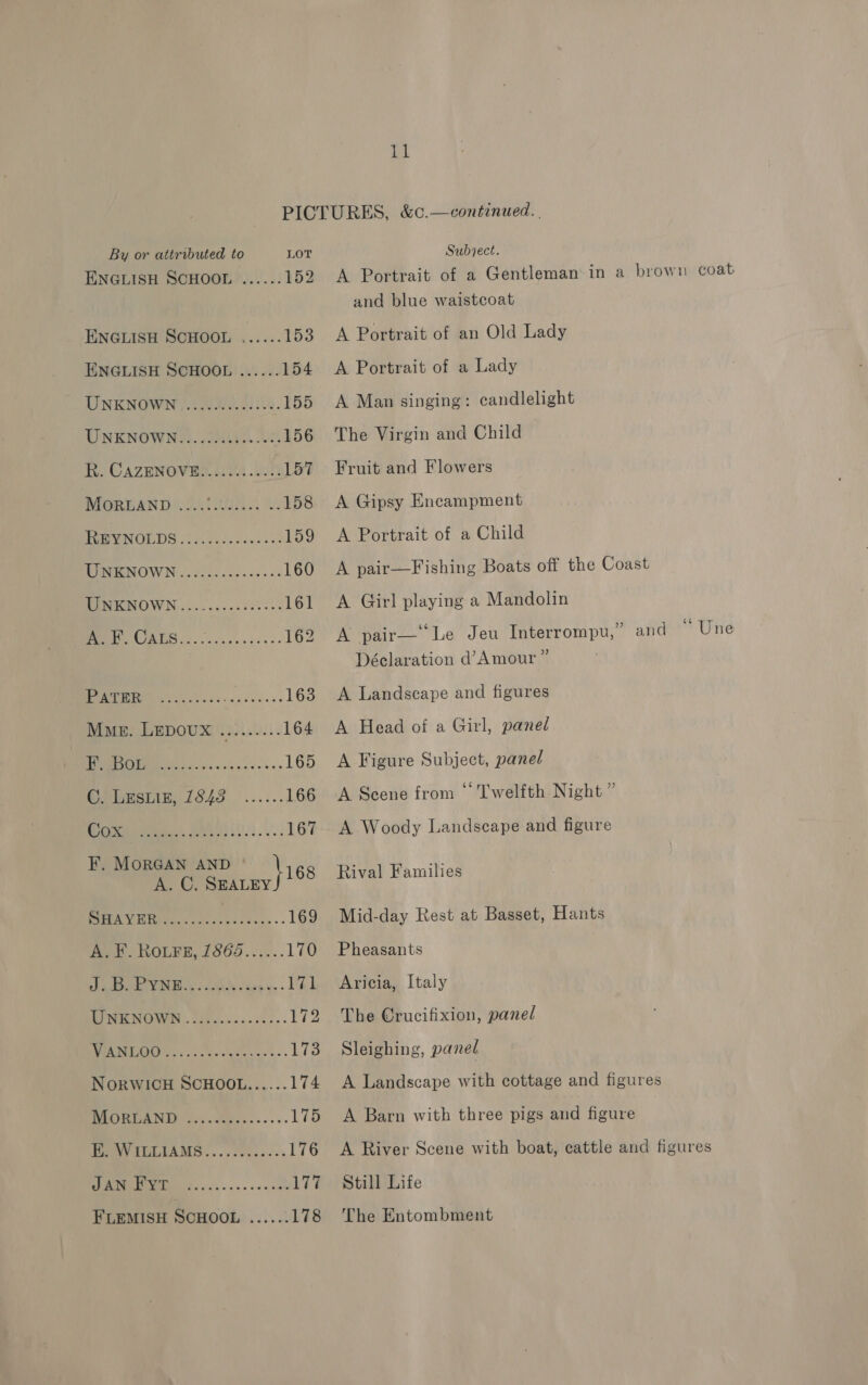 bk By or attributed to LOT ENGLISH SCHOOL ...... 152 ENGLISH SCHOOL ...... 153 ENGLISH SCHOOL ...... 154 UNENOWN JW. 255U5. 155 UNKNOWN..........00005 156 fi. CAZHNOVER. AYA 02% 157 NIGREAND. O20 UI. 158 TUE NOUDS 5 0.5o2.06¢0 552 ko MISIENOW Nis d i oeder cess 160 ME RMOWN coic4cc eevee eee 161 PRS 207. yee 55 + 162 RE RMN Pes nesses. 163 Mme. LEDOUX ......... 164 0 165 RP IESIIEIGAS, ...:.. 166 bre Pre, 167 F. MoRGAN AND \i68 A. C,. SEALEY BPAY UR i yo. c.csreen... 169 ALY. ROLFE, £865...... 170 paras PREY: LA Shona, - 171 BI NGENOWIN . fun scnsc nics. 172 ROT 173 NORWICH SCHOOL...... 174 DRORTANY) &lt;.% «Saiss.----- 175 Bey) WGLTAMS...., 0500... 176 Jy TS es 177 FLEMISH SCHOOL Subject. and blue waistcoat A Portrait of an Old Lady A Portrait of a Lady A Man singing: candlelight The Virgin and Child Fruit and Flowers A Gipsy Encampment A Portrait of a Child A pair—Fishing Boats off the Coast A Girl playing a Mandolin A pair— Le Jeu Interrompu,” and Déclaration d’Amour ” A Landscape and figures A Head of a Girl, panel A Figure Subject, panel A Scene from © Twelfth Night ” A Woody Landscape and figure Rival Families Mid-day Rest at Basset, Hants Pheasants Aricia, Italy The Crucifixion, panel Sleighing, panel A Landscape with cottage and figures A Barn with three pigs and figure “Une Still Life The Entombment