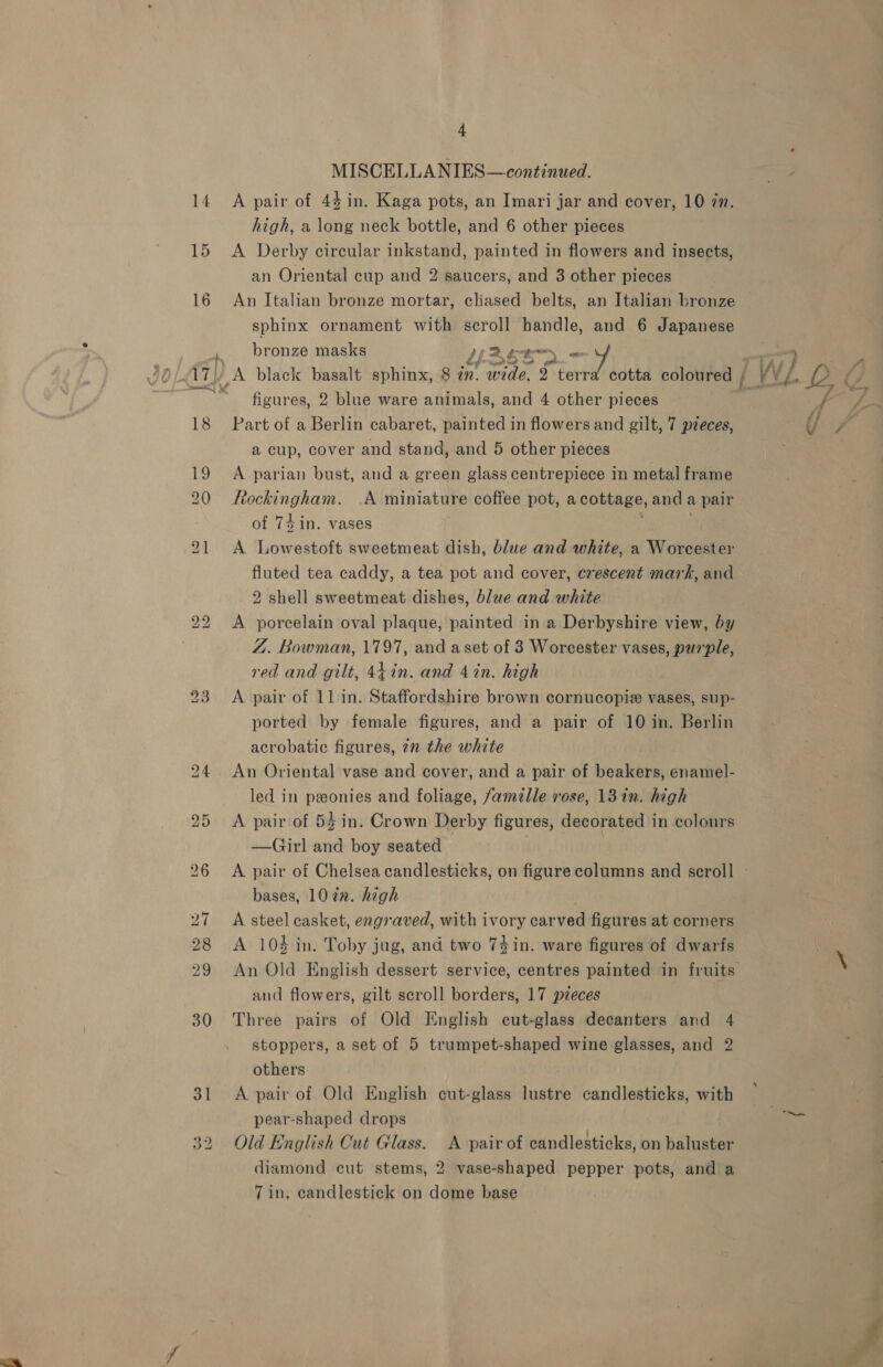MISCELLANIES—continued. 15 high, a long neck bottle, and 6 other pieces A Derby circular inkstand, painted in flowers and insects, an Oriental cup and 2 saucers, and 3 other pieces sphinx ornament with scroll handle, and 6 Japanese bronze masks Pi Rear, = 4 figures, 2 blue ware animals, and 4 other pieces 31 Co Lo a cup, cover and stand, and 5 other pieces A parian bust, and a green glass centrepiece in metal frame Rockingham. A miniature coffee pot, acottage, and a pair of 74 in. vases ; A Lowestoft sweetmeat dish, blue and white, a Worcester fluted tea caddy, a tea pot and cover, crescent mark, and 2 shell sweetmeat dishes, blue and white A porcelain oval plaque, painted in a Derbyshire view, by Z. Bowman, 1797, and aset of 3 Worcester vases, purple, red and gilt, 44in. and 4in. high A pair of 1lin. Staffordshire brown cornucopie vases, sup- ported by female figures, and a pair of 10 in. Berlin acrobatic figures, 72 the white An Oriental vase and cover, and a pair of beakers, enamel- led in ponies and foliage, famille rose, 13 in. high A pair of 54 in. Crown Derby figures, decorated in colours —Girl and boy seated - bases, 10 zn. high | A steel casket, engraved, with ivory carved figures at corners A 104 in. Toby jug, and two 74in. ware figures of dwarfs and flowers, gilt scroll borders, 17 pzeces Three pairs of Old English cut-glass decanters and 4 stoppers, a set of 5 trumpet-shaped wine glasses, and 2 others A pair of Old English cut-glass lustre candlesticks, with pear-shaped drops Old English Cut Glass. A pair of candlesticks, on baluster diamond cut stems, 2 vase-shaped pepper pots, and a 7 in, candlestick on dome base
