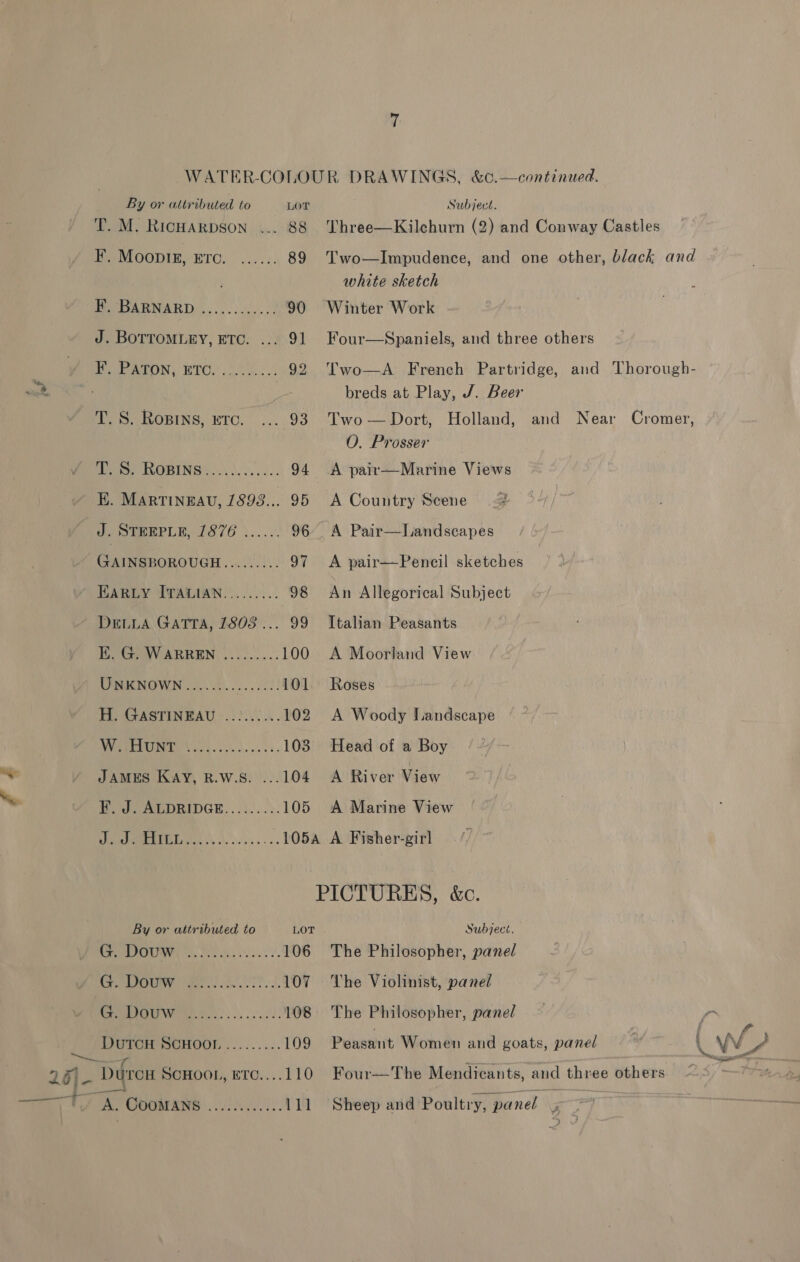 f ¢ iw By or attributed to LOT PO ye Seek ee 106 mean Nk TT. d, 107 Peto ee... 2.0): 108 DUTCH SCHOOL ......... 109 PICTURES, &amp;o. Subject. The Philosopher, panel The Violinist, panel The Philosopher, panel Cromer, “ty By or attributed to LOT Subject. T. M. RicHarpson ... 88 Three—Kilchurn (2) and Conway Castles Bs Moonir, Ona are): 89 Two—Impudence, and one other, black and white sketch Pee WARNARD):..... 02...) 90 Winter Work J. BOTTOMLEY, ETC. ... 91 Four—Spaniels, and three others Pon aeON, BIO, 5907.4 92 Two—A French Partridge, and Thorough- breds at Play, J. Beer T. 8S. Ropins, etc. ... 93 Two—Dort, Holland, and Near O. Prosser Weis. ROBINS...) e040. 94 A pair—Marine Views K. MARTINEAU, 1898... 95 A Country Scene J. PEBEPLE, 78/6 \.... 96 A Pair—lLandscapes GAINSBOROUGH......... 97 A pair—Pencil sketches EARLY ITAULIAN......... 98 An Allegorical Subject ~ DeL_uA GaTTaA, 1808... 99 Italian Peasants EK. G. WARREN ......... 100 A Moorland View UNKNOWN............... 101, Roses H. GASTINEAU ......... 102 A Woody Landscape ANAUEPOME tori ocuk se. v3. 103 Head of a Boy JAMES Kay, R.W.S. ...104 A River View F. J. ALDRIDGE......... 105 A Marine View ee 105A A Fisher-girl 2 -