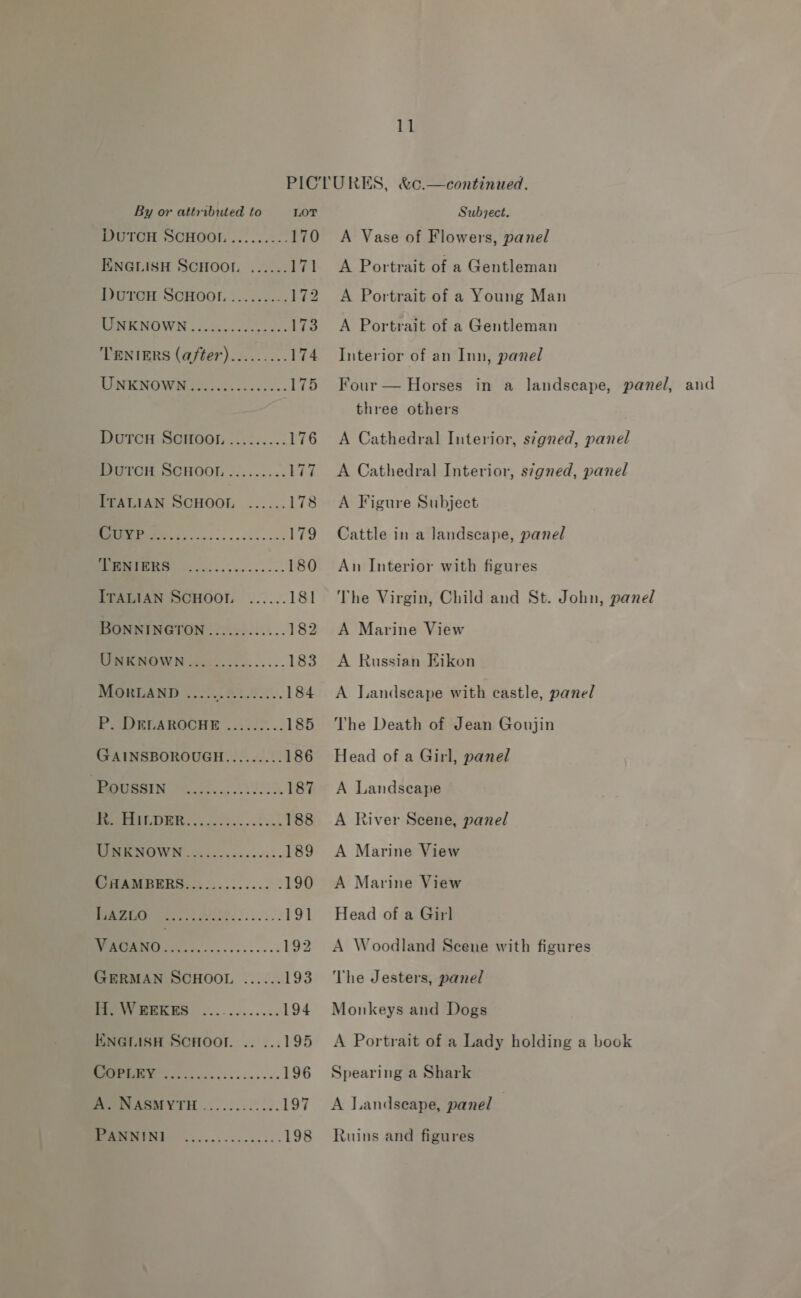 11 By or attributed to LOT HUTCH SCHOO!....:...2-. 170 EINGLISH SCHOOL ...... 171 Dutrcn ScHoot.......... 172 BEAEMOWIN | cvs... ccs: 173 TENIERS (after)......... 174 TINRNO WH ck: cee. 1745 Durcn Scimoor......... 176 DutrcH SCHOO. ......... 177 ITALIAN SCHOOL ...... 178 Sa ee 179 Mee. W....,... 5... 180 ITALIAN SCHOOL ...... 181 BONNINGTON............ 182 UNKNOWN............... 183 MORLAND ..... ALB AL. 184 POUDEEAROCHE ..:1/2... 185 GAINSBOROUGH......... 186 REastaSEN) eos. 187 eee ORR. «8.1 188 MIME NOWN 22. 2.....00.:. 189 [eHAMBERS............- .190 er 191 oe 192 GERMAN SCHOOL ...... 193 Pew MERES ............ 194 ENGLISH SCHOOI. .195 MNO... ...-.-.--- 196 MVAMMYTH .......0..2. 197 0 SO 198 Subject. A Vase of Flowers, panel A Portrait of a Gentleman A Portrait of a Young Man A Portrait of a Gentleman Interior of an Inn, panel three others A Cathedral Interior, signed, panel A Cathedral Interior, s7gned, panel A Figure Subject Cattle in a landscape, panel An Interior with figures The Virgin, Child and St. John, panel A Marine View A Russian Eikon A Landscape with castle, panel The Death of Jean Goujin Head of a Girl, panel A Landscape A River Scene, panel A Marine View A Marine View Head of a Girl A Woodland Scene with figures The Jesters, panel Monkeys and Dogs A Portrait of a Lady holding a book Spearing a Shark A J.andseape, panel Ruins and figures
