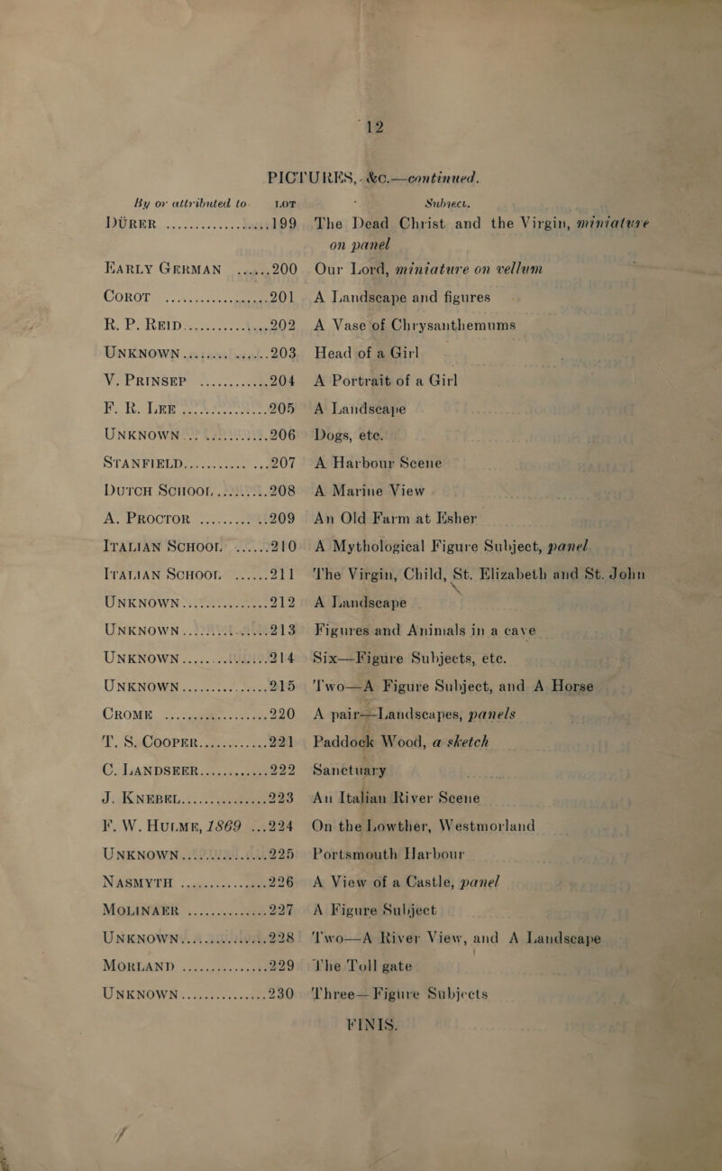 By or attributed to 2 LOT 204 205 206 208 221 223 224 . Subrect. The Dead Christ and the Virgin, miniature on panel Our Lord, miniature on vellum A Landseape and figures A Vase of Chrysanthemums Head of aGirl. A Portrait of a aid A Landseape Dogs, ete. A Harbour Scene A Marine View An Old Farm at Esher A Mythological Figure Subject, panel The Virgin, Child, St. Elizabeth and St. John A Landscape ; Figures and Animals in a cave Six—Figure Subjects, ete. Two—A Figure Subject, and A Horse A pai Poe panels Paddock Wood, a sketch Sanctuary An Italian River Scene On the Lowther, Westmorland Portsmouth Harbour A View of a Castle, panel A Figure Subject ‘Two—A River View, and A Landscape Vhe Toll gate ) Three— Figure Subjects FINIS.