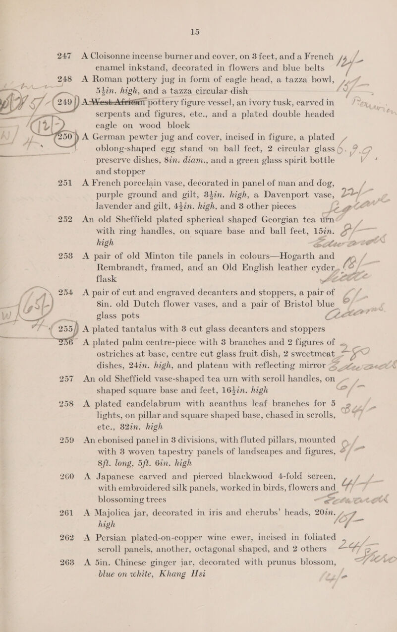 ie  enamel inkstand, decorated in flowers and blue belts 5din. high, and a tazza circular dish West-sfriean pottery figure vessel, an ivory tusk, carved in serpents and figures, ete., and a plated double headed eagle on wood block  preserve dishes, 82n. dtam., and a green glass spirit bottle and stopper 251 <A French porcelain vase, decorated in panel of man and dog, Ps 252 An old Sheffield plated spherical shaped Georgian tea urn“ with ring handles, on square base and ball feet, 15in. high Be Cte 253 <A pair of old Minton tile panels in colours—Hogarth and Rembrandt, framed, and an Old English leather ee flask MEA 254 A pair of cut and engraved decanters and stoppers, a pair of 8in. old Dutch flower vases, and a pair of Bristol blue_ } glass pots C GF. 255 } A plated tantalus with 3 cut glass decanters and stoppers “356° A plated palm centre-piece with 3 branches and 2 figures of , Swe dishes, 24in. high, and plateau with reflecting mirror ¢<_ oe etc., 382in. high 8ft. long, 5ft. 6in. high 260 <A Japanese carved and pierced blackwood 4-fold screen, _— 261 A Majolica jar, decorated in iris and cherubs’ heads, 20zn. , 262 <A Persian plated-on-copper wine ewer, incised in foliated 263 <A 5in. Chinese ginger jar, decorated with prunus blossom, blue on white, Khang Hsi 