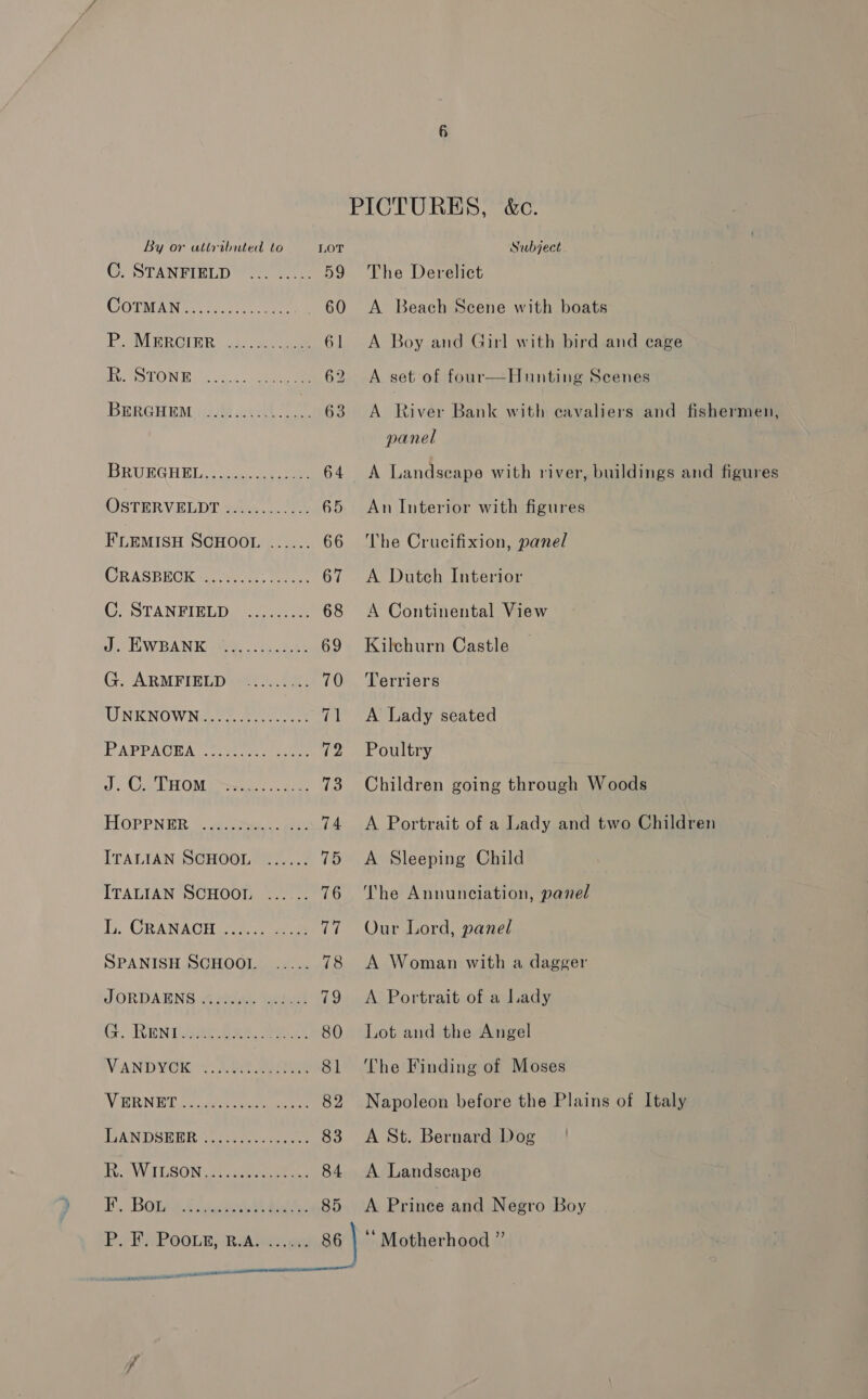 By or attributed to C. STANFIELD ... .. (GOTAEAN © fo. eee PICTURES, &amp;c. Subject. The Derelict A Beach Scene with boats A Boy and Girl with bird and eage A set of four—Hunting Scenes A River Bank with cavaliers and fishermen, panel A Landscape with river, buildings and figures An Interior with figures The Crucifixion, panel A Dutch Interior A Continental View Kilchurn Castle Terriers A Lady seated Poultry Children going through Woods A Portrait of a Lady and two Children A Sleeping Child The Annunciation, panel Our Lord, panel A Woman with a dagger A Portrait of a Lady Lot and the Angel The Finding of Moses Napoleon before the Plains of Italy A St. Bernard Dog A Landscape A Béinie and Negro Boy adm spacouneetearenneinernaniasnet cannes ALPES  dene