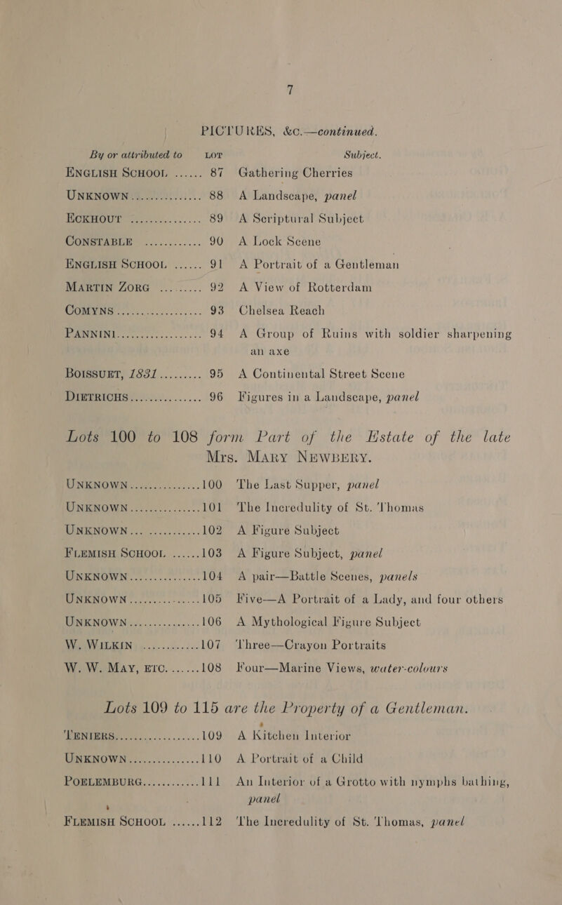 ENGLISH SCHOOL ...... 87 UNENOWMNS ee .. 88 TO ROU Meliss. 89 CONSE RGDE. .....0-.0... 90 ENGLISH SCHOOL ...... 9] MARTIN ZORG ....:.... 92 8 i andl 93 Ce ale 94 Peewee SS! ....305... 95 DM ERICHS A Wie. ..... 96 Gathering Cherries A Landscape, panel A Seriptural Subject A Lock Scene A Portrait of a Gentleman A View of Rotterdam Chelsea Reach A Group of Ruins with soldier sharpening an axe A Continental Street Scene Figures in a Landscape, panel LINENIGWEN its ci... 100 UNENOWN ..4/.0....:..:. 101 UNKNOWN... ......0.-0- 102 FLEMISH SCHOOL ...... 103 BIRR NOWN..:.....0-..--: 104 UNKNOWN ......... apne 105 UNE NOW Ms... 2... ..04.: 106 DY ERIN 9 4. 05,3551. - 44. 107 W. W. May, ero........108 The Last Supper, panel The Inecredulity of St. Thomas A Figure Subject A Figure Subject, panel A pair—Battle Scenes, panels Five—A Portrait of a Lady, and four others A Mythological Figure Subject ‘Three—Crayon Portraits Four—Marine Views, wate?-colvurs BER kd.. -- <2... 109 EeHRNOWN,2............. 110 PORLEMBURG............ 111 ‘ FLEMISH SCHOOL ...... 112 : A KKitchen Interior A Portrait of a Child An Interior of a Grotto with nymphs bathing, panel The Incredulity of St. Thomas, panel
