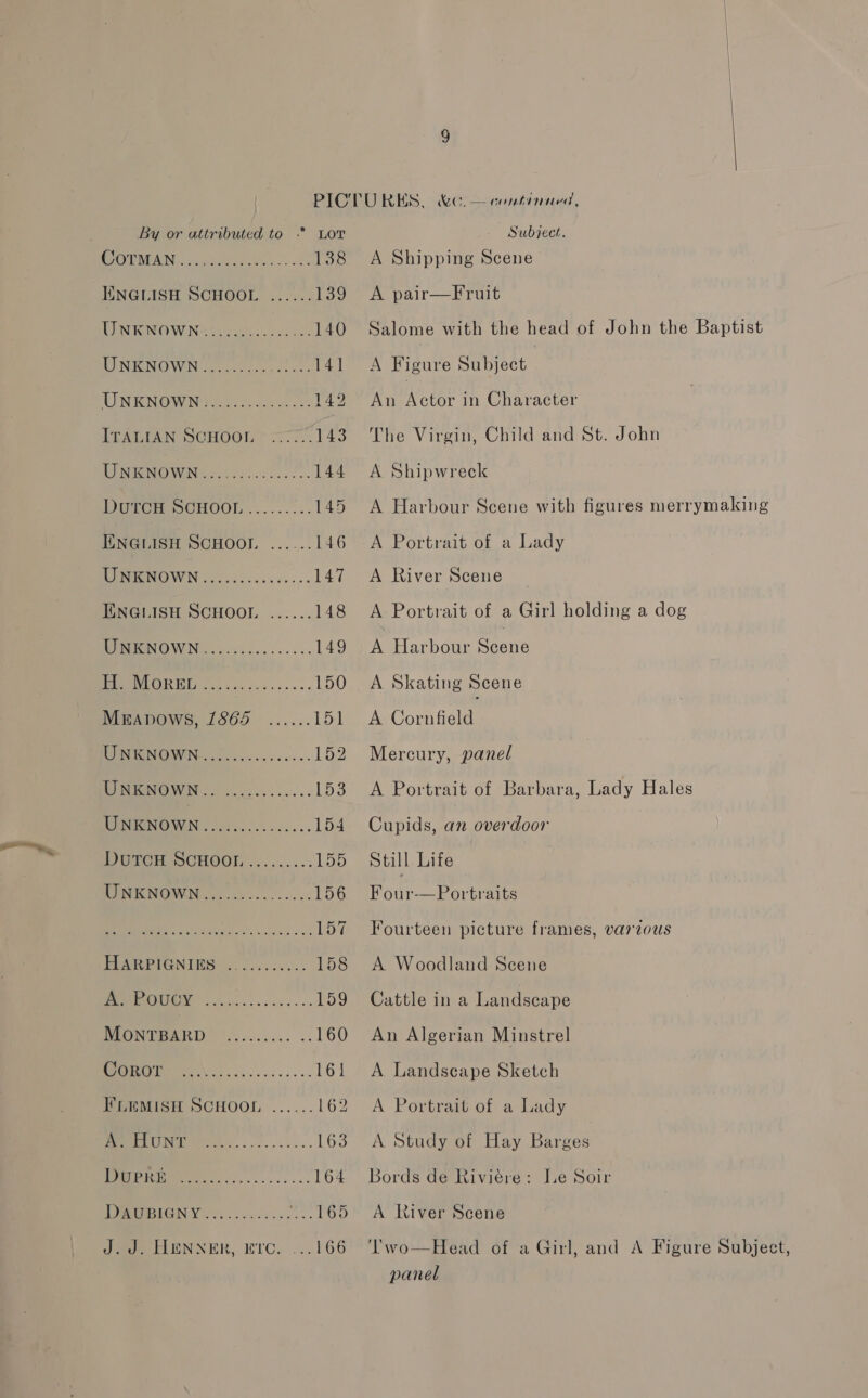  PICTURES, &amp;&amp;.— continued, by or attributed to -° LOT Subject. eee 138 A Shipping Scene KNGLISH SCHOOL ...... Tao) &amp; pair—Hruit UN KNOW Nate sce 140 Salome with the head of John the Baptist RONTENOWIN 2 secteege lac: 141 A Figure Subject } UNKNOWN...... ee ee 142 An Wfeeae in Character ITALIAN SCHOOL <2. 143 The Virgin, Child and St. John TR eOVENG (Pic ack..f.. 144 A Shipwreck DUVCM es CHOOT......... 145 A Harbour Scene with figures merrymaking ENGLISH SCHOOL ...... 146 A Portrait of a Lady ROP INOWN 22-5 .-..005:., 147 A River Scene EENGLISH SCHOOL ...... 148 A Portrait of a Girl holding a dog WRRNOWN....50......... 149 A Harbour Scone LL 150 . A Skating Scene MEAnpows, 1865 ...... 151 A Cornfield DONNIE, bocce aes. 152 Mercury, panel URENOWN.. .2...0...... 153 A Portrait of Barbara, Lady Hales MOSS) 154 Cupids, an overdoor DUTCH SCHOOL......... 155 Still Life UNKNOWN......... wicore 156 Wor ornate oe Be oe 157 Fourteen picture frames, various ELARPIGNIES: Goo. c. ce... 158 A Woodland Scene (tl) 2 159 Cattle ina Landscape BYONUEARLY lA ccise.. 5: 160 An Algerian Minstrel RUE... eee ss. 161 A Landscape Sketch I'LEMISH SCHOOL ...... 162 A Portrait of a Lady (Ao 163 <A Study of Hay Barges OE 164 Bords de Riviére: Le Soir RS gr ...165 A River Scene J.J. HENNER, ETC. ...166 ‘lwo—Head of a Girl, and A Figure Subject, panel