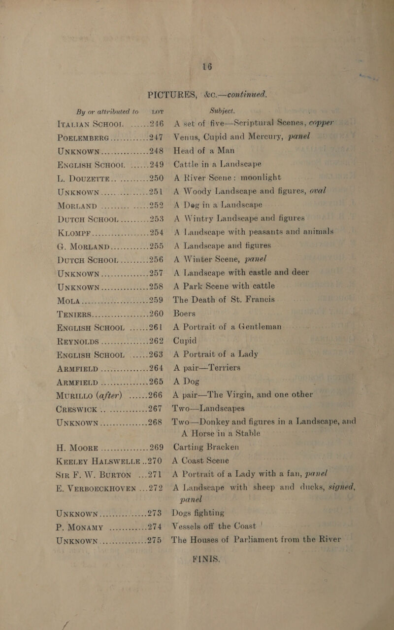  16 PICTURES, &amp;c.—continued. By or attributed to LOT Subject. : ItAGIAN. SGHOGL..). 22 246 A set of five—Scriptural Seenes, copper POELEMBERG (200008 247 Venus, Cupid and Mercury, panel LINE WOWM ei os 248 Head of a Man ENGLISH SCHOOL ...... 249 Cattle in a Landscape ie Deszerre se 950 A River Scene: moonlight UNKNOWN..... ey. 251 A Woody Landscape and figures, oval PMORLAND (uccaley ne. 252 A Deg in a Landscape DUTCH SCHOOL ......... 253 A Wintry Landscape and figures KLOMBS,. 51.) a eee 254 A Landscape with peasants and animals G. MORBAND.:........-. 255 A Landscape and figures DutTCcH SCHOOL ........! 256 A Winter Scene, panel UNKNOWN.......... .....257 A Landseape with castle and deer UNKNOWN nf /iyis ema 258 A Park Scene with cattle MOLA tart. aedaeae 259 The Death of St. Francis TERE. ae 260 Boers ENGLISH SCHOOL ...... 261 &lt;A Portrait of a Gentleman KREWNOLDS ...2.05.5 5°) 262 Cupid ENGLISH SCHOOL ...... 263 A Portrait of a Lady ARMPIBID. Cos... c. 6. 264 &lt;A pair—Terriers ARMBIEED. 4 iswc dak 265 A Dog Muro (after) ...... 266 &lt;A pair—The Virgin, and one other CORMS WAU (lanl acshates 267 Two—Landscapes WNENOWN 022544000 -45-&lt;5 268 Two—Donkey and figures in a Landscape, and A Horse in a Stable HA, NEGRE SS . beeocscas 969 Carting Bracken KeELey HALSwELLeE..270 &lt;A Coast Scene Sire F. W. Burton ...271 A Portrait of a Lady with a fan, panel E. VERBOECKHOVEN ...272 A Landscape with sheep and ducks, signed, panel UsiMow sn Stee? Ee! 273 ©Dogs fighting PAMGWAMY. 3:0 lithe 274 Vessels off the Coast | UnEwown ..,.22532 re 975 The Houses of Parliament from the River FINIS.