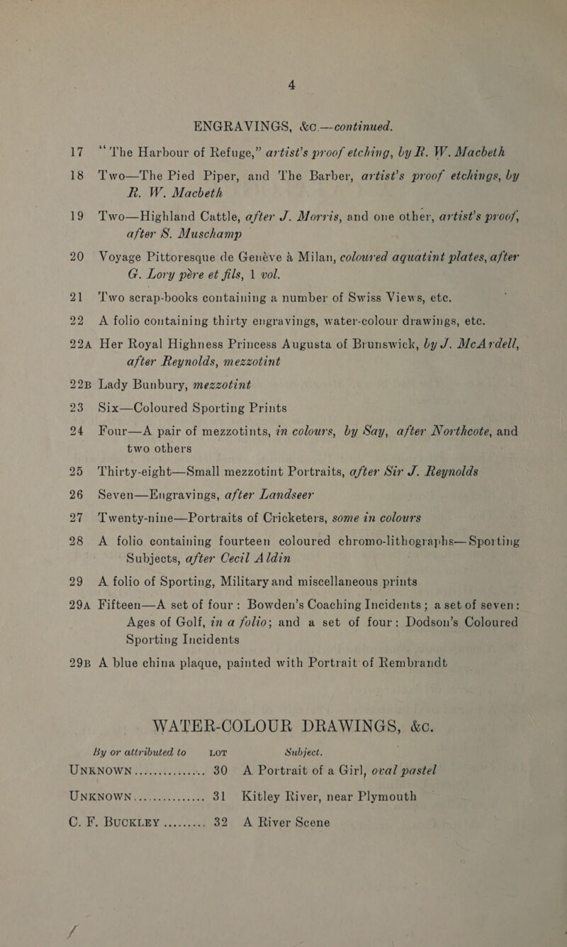 ENGRAVINGS, &amp;c —continued. 17 “The Harbour of Refuge,” artist’s proof etching, by R. W. Macbeth 18 Two—The Pied Piper, and The Barber, artist’s proof etchings, by R. W. Macbeth 19 Two—Highland Cattle, after J. Morris, and one other, artist’s proo/, after S. Muschamp © 20 Voyage Pittoresque de Genéve &amp; Milan, coloured aquatint plates, after G. Lory pére et fils, 1 vol. 21 ‘Two secrap-books containing a number of Swiss Views, ete. 22 A folio containing thirty engravings, water-colour drawings, etc. 224 Her Royal Highness Princess Augusta of Brunswick, by J. McArdell, after Reynolds, mezzotint 22B Lady Bunbury, mezzotint 23 Six—Coloured Sporting Prints 24 Four—A pair of mezzotints, in colours, by Say, after Northcote, and two others 25 Thirty-eight—Small mezzotint Portraits, after Sir J. Reynolds 26 Seven—Engravings, after Landseer 27 Twenty-nine—Portraits of Cricketers, some in colours 28 &lt;A folio containing fourteen coloured chromo- Bay Ske vit Sporting Subjects, after Cecil Aldin 29 A folio of Sporting, Military and miscellaneous prints 29a Fifteen—A set of four: Bowden’s Coaching Incidents; a set of seven: Ages of Golf, 22 a folio; and a set of four: Dodson’s Coloured Sporting Incidents 29B A blue china plaque, painted with Portrait of Rembrandt WATER-COLOUR DRAWINGS, &amp;c. By or attributed to LOT Subject. UNKNOWN ..........05- .. 830 A Portrait of a Girl, oval pastel UO NICNOWN (esas vas tee 31 Kitley River, near Plymouth Cnt, .BUUKLEY. ....cd 32 A River Scene