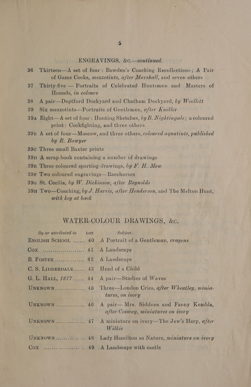 36 Thirteen—A set of four: Bowden’s Coaching Recollections; A Pair of Game Cocks, mezzotints, after Marshall, aud seven others 37 Thirty-five — Portraits of Celebrated Huntsmen and Masters of Hounds, in colours 38 A pair—Deptford Dockyard and Chatham Dockyard, by Weoollett 39 Six mezzotints—Portraits of Gentlemen, after Kuneller 39a Hight—A set of four: Hunting Sketches, by B. Nightingale; acoloured print: Cockfighting, and three others 39B A set of four—Moscow, and three others, coloured aquatints, published by Rh. Bowyer 39c Three small Baxter prints 39D A scrap-book containing a number of drawings 398 Three coloured sporting drawings, by #. H. Mew 39F Two coloured engravings—Racehorses 39G St. Cecilia, by W. Dickinson, after Reynolds 39H Two—Coaching, by J. Harris, after Henderson, and 'The Melton Hunt, with key at back WATER-COLOUR DRAWINGS, &amp;c. By or attributed to LOT Subject. ENGLISH SCHOOL ...... 40 A Portrait of a Gentleman, crayons ON DR ee 41 A Landscape Pe ae ack ns 42 A Landscape C. S. LIDDERDALL...... 43 Head of a Child . Gale rPARL, (877%. .., 44 A pair—Studies of Waves oo 45 Three—London Cries, after Wheatley, minia- tures, on ivory UNEMOWN?.............. 46 &lt;A pair— Mrs. Siddons and Fanny Kemble, after Cosway, miniatures on iwory os 47 &lt;A miniature on ivory—The Jew’s Harp, a/ter Wilkie UNKNOWN ......000 00005. 48 Lady Hamilton as Nature, miniature on ivory Ss A Cb 49 A Landscape with castle