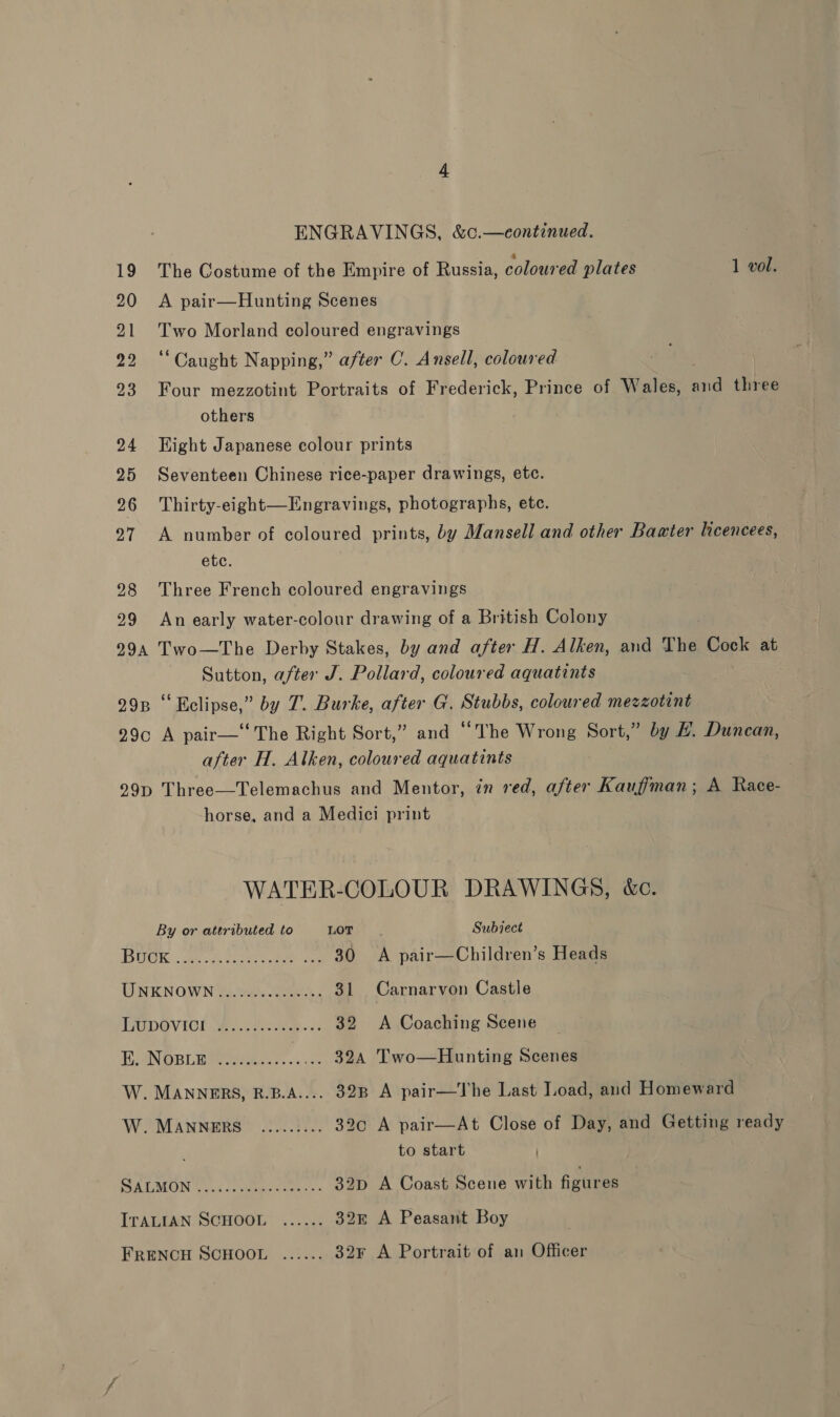 ENGRAVINGS, &amp;c.—continued. 19 The Costume of the Empire of Russia, coloured plates 1 vol. 20 &lt;A pair—Hunting Scenes 21 me Morland coloured engravings 22 ‘‘Caught Napping,” after C. Ansell, coloured 23 Four mezzotint Portraits of Frederick, Prince of Wales, os three others 24 ight Japanese colour prints 25 Seventeen Chinese rice-paper drawings, etc. 26 Thirty-eight—Engravings, photographs, etc. 27 A number of coloured prints, by Mansell and other Baater licencees, ete. 28 Three French coloured engravings 29 An early water-colour drawing of a British Colony 2994 Two—The Derby Stakes, by and after H. Alken, and The Cock at Sutton, after J. Pollard, coloured aquatints 29p ‘‘Kclipse,” by 7. Burke, after G. Stubbs, coloured mezzotint 29c A pair— The Right Sort,” and “The Wrong Sort,” by HE. Duncan, after H. Alken, coloured aquatints 9299p Three—Telemachus and Mentor, in red, after Kauffman; A Race- horse, and a Medici print WATER-COLOUR DRAWINGS, &amp;e. By or attributed to LOT Subject IOUCK ees tier e eee een 30 &lt;A pair—Children’s Heads UNKNOWN Wisco 31 Carnarvon Castle LUDOVICI We tse ee 32 A Coaching Scene EANGBL Rae reise ee Two—Hunting Scenes W. MANNERS, R.B.A.... 32B A pair—The Last Load, and Homeward W. MANNERS .......... 32c A pair—At Close of Day, and Getting ready to start PEA LATO 4.4. eve mcee ss 32p A Coast Scene with figures ITALIAN SCHOOL ...... 32m A Peasant Boy FRENCH SCHOOL ...... 32¥ A Portrait of an Officer