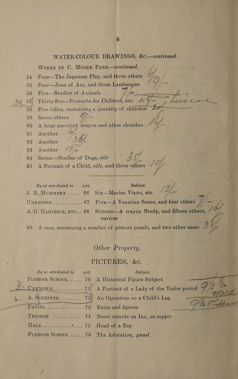 | ae WATER-COLOUR DRAWINGS, &amp;c.—continued. Works sy C. Moore ParkK—continued.         54 Four—The Japanese Play, and three others 55 Four—Joan of Are, and three Landscapes — 56 Five—Studies of Animals A ek JY, 57 Thirty-five—Proverbs for Children, ete. Af W/= 58 Five folios, containing a quantity of sketch 59 Seven others Gx ; Ak 60 A large parcel/of Maron and other sketches VA. 61 Another CA 62 Another ‘ A 63 Another A, or | 64 Seven—Studies of Dogs, oils a Piz p 65 A Portrait of a Child, odds, and three pas eS By or attributed to LOT 72 i, Subject. ) J. H. MUMMERY ....... 66 Six—Marine Views, etc. /y : UNKNOWN....... Care See Five—A Venotian Scene, and four others ¥  A. G. HARTRICK, ETC... 68 Sixteen—A crayon ee and fifteen ig various 743 py 69 A case, containing a number of picture panels, ne: two other cases” . tHe Berg Other Property. “a8 ede Me ; PICTURES, &amp;c. By or attributed to ——- Lor Subject. a: F'LEMISH SCHOOL ...... 70 A Histipical Figure Subject 7 - weet NENOWN .......-+ ree 7 ! A Portrait of a Lady of the Tudor pened ye 7 / An Operation on aChild’s Leg 8 — Ruins and figures ae. 70,’ aaa tse ahN 75 Head of a Bayi if 8 | | Agee all é | FLemisH ScHoor ...... 76 The Adoration, panel oe Bia  