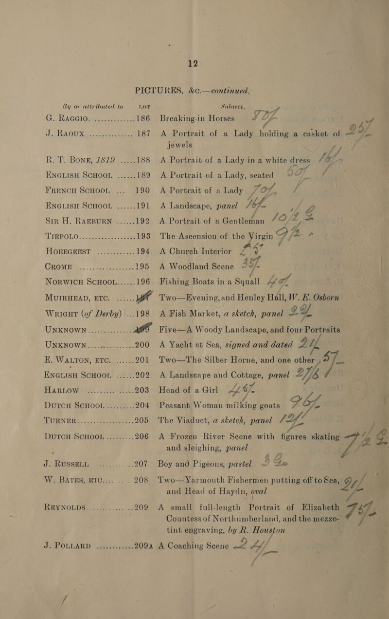 G. Ragaio. J. RAOUX FRENCH SCHOOL ENGLISH SCHOOL MUIRHEAD, ETC. J. RUSSELL REYNOLDS. J. POLLARD 12 PICTURKS, &amp;c.—continued, ae 186 Breaking-in Horses g tp cvaas wf yA 2%, / 187. A Portrait of a Lady holding a casket of o jewels A Portrait of a Lady in a white dress WY A Portrait of a Lady, seated v Of : A Portrait of a Lady 7 OF, : A Landscape, panel Vi. F 10/2 ih The Ascension of the Virgin Fj a A Church Interior te j 417 A Woodland Scene ~~/- f A Portrait of a Gantlatian Fishing Boats in a Squall hof Two—Evening,and Henley Hall, W. LH. Osborn A Fish Mar ket, a sketch, panel g Y Figdy Woody Landscape, and Pui Portraits A. Yacht at Sea, signed and dated au i, Two—The Silber Horne, and one other A. Landscape and Cottage, panel “fh a /, 67 Head of aGirl 4¢%/ Peasant Woman nile goats PO, The Viaduct, a sketch, panel (ff A Frozen River Scene with figures mins 7.4 and sleighing, panel A #2 la se Boy and Pigeons, pastel ~ =e Two— Yarmouth Fishermen putting off to Sea, te and Head of Haydn, oval a ie  A small full-length Portrait of Elizabeth Countess of Northumberland, and the mezzo- tint engraving, by R. Houston