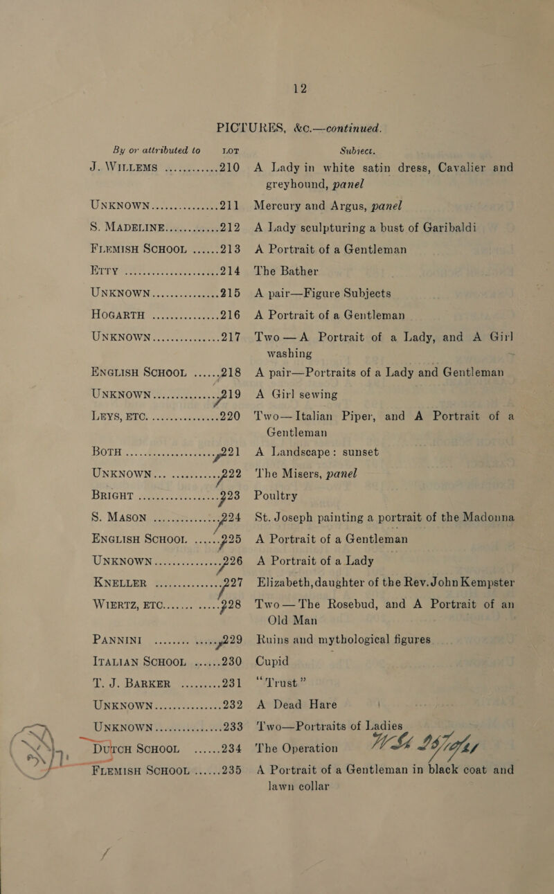 By or attributed to LOT Jp VV POLEMIE Rs Hie ee 210 UNKNOWN ccc 211 S. MADELINE/j5....h3s5 212 FLEMISH SCHOOL ...... 213 Ere ee co ieee 214 UNENOWN, 520s cncseanees 215 HOGARTH 2. kee: 216 UNENGWN.. &lt;2..0. wocaaks 217 ENGLISH SCHOOL ...... 218 UU NENOWN 8: o0s.25t4i45 7 19 Ts WYS, TREC: Gitte eaten 220 DOTH?.. |. Meee teats 21 WW NENOWMs.2).&lt;catee bs eee BRIGHT iy sons Bees p23 S., MASONS Se vanan ves 24 ENGLISH SCHOOL wy gb UNEN OWA oon ioe ree KNEDLGR Re ee 27 WIBRTZPRT Cre ee 728 PANNINI .....2 Aesep 229 ITALIAN SCHOOL ...... 230 ATA EN as Tae oar 231 MINE NOWN tc. 0003405 -en 232 UNENOWN®: icitt.v8 233 DurcH SCHOOL ...... 234 “FLEMis SCHOOL ...... 235 Subiect. A Lady in white satin dress, Cavalier and greyhound, panel Mercury and Argus, panel A Lady sculpturing a bust of Garibaldi A Portrait of a Gentleman The Bather A pair—Figure Subjects A Portrait of a Gentleman Two—A Portrait of a Lady, and A Gir washing ~~ A pair—Portraits of a Lady and Gentleman A Girl sewing Two— Italian Piper, and A Portrait of a Gentleman A Landscape: sunset The Misers, panel Poultry St. Joseph painting a portrait of the Madonna A Portrait of a Gentleman A Portrait of a Lady zi Elizabeth, daughter of the Rev. John Kempster Two—The Rosebud, and A Portrait of an Old Man Ruins and mythological figures Cupid “Trust ” A Dead Hare Two—Portraits of Ladies The Operation Vy Gh rehy A Portrait of a Gentleman in black coat and lawn collar