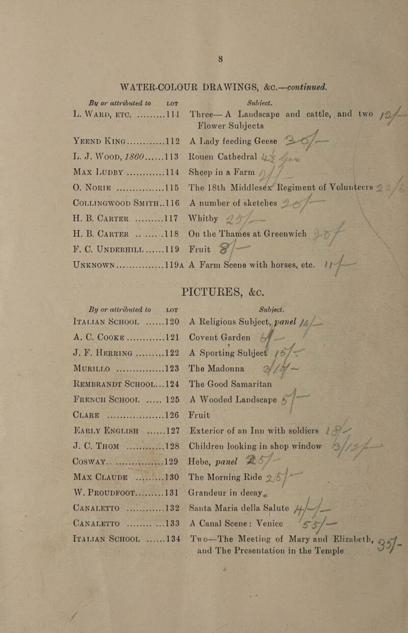 LA WATHD, TO sep cease 11d REND OIG ree 112 157d W OOD SLo60 wee Es) NV AXeILUD BYtesce. eee 114 OPN ORL AG vets een 115 COLLINGWOOD SMITH..116 Three— A Landscape and cattle, and two /2 of— Flower Subjects A Lady feeding Geese “2-05 /-— Rouen Cathedral 2 “ ty Sheep in a Farm The 18th Middleséx’ Regiment of Volunteers @ A number of sketches “.- HR GARTER. 2a 117 Whitby. JZ He Be CARTER, 2c Se om-the Thames at Greenwich ¥. C. UNDERHILL...... 119 Fruit ¥ | . LINKNOWNE ot ee, 1194 A Farm Soars with horses, ete. 1147— PICTURES, &amp;c. By or attributed to LOT Subject. } ITALIAN SCHOOL: «..2.. 120 A Religious Subject, panel /4 /_ NACROC OOK Reyes oot 121. Covent Garden f— : Jat HERRING Gavetis. 122A Sruciane Subject (2 f EU RAG Oar sesh ewe 08 123 The Madonna YL Sp REMBRANDT ScHooL...124 The Good Samaritan — FRENCH SCHOOL ..... 125 A Wooded Landscape &amp; (aca GLARE tei. reese. 126 Fruit TARLY ENGLISH ...... 127 Exterior of an Inn with soldiers Lof< eb. CDROM: Seer 128 Children looking in shop window bay L4 COS WAY..24s.408 Wee 129 Hebe, panel Li . Max. CDAUDE ....V8-ee 130 The Morning Ride > yi i W. PROUDFOOTATS:: 131 : Grandege in decay, CANALEETON 1;. ee 132 Santa Maria della Salute AH, a | CANALBIIO! ae 133 A Canal Scene: Venice 53S ITALIAN SCHOOL ...... 134 Two—The Meeting of Mary and Elizabeth, 35]- and The Presentation in the Temple é