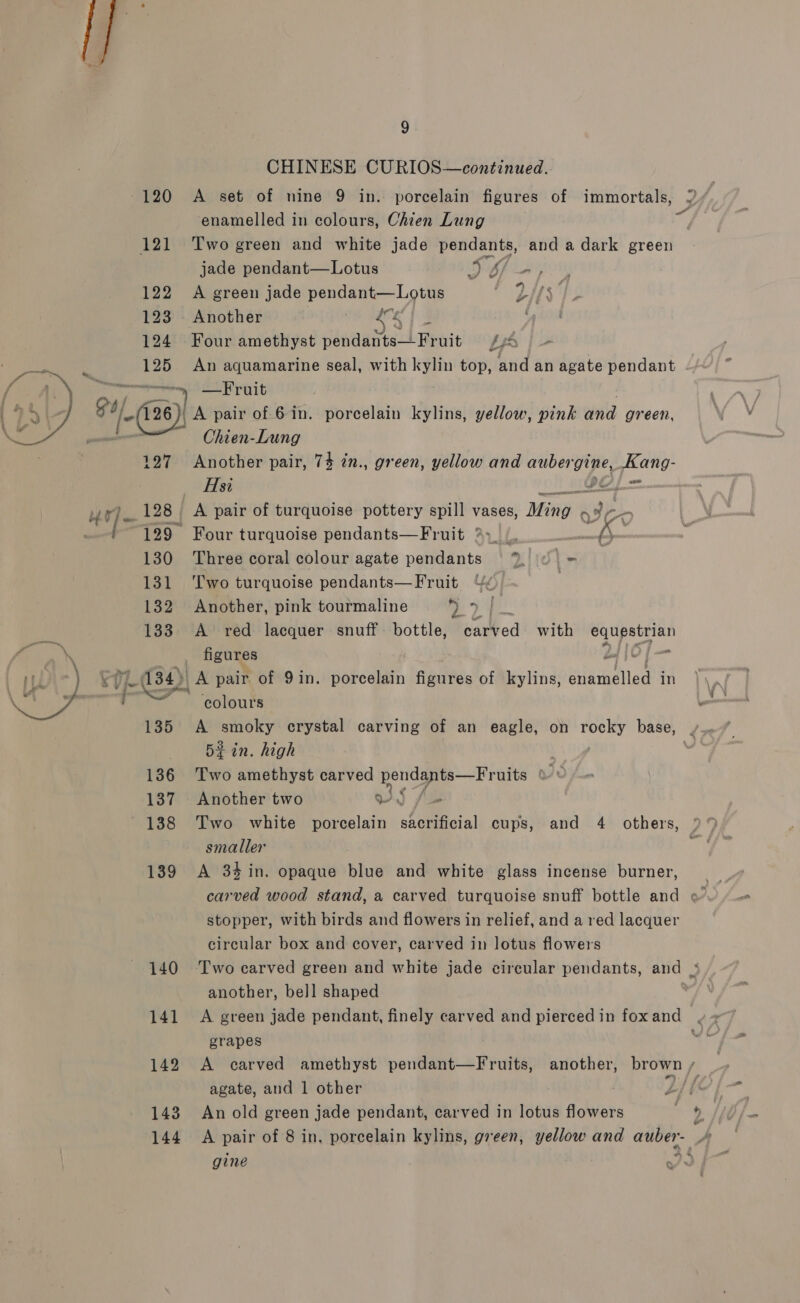   3 CHINESE CURIOS—continued. 120 A set of nine 9 in. porcelain figures of immortals, enamelled in colours, Chien Lung 121 Two green and white jade pendants, and a dark green jade pendant—Lotus ») Apis 122 A green jade pendant—Lotus sey les 123 Another shdiin ee 124 Four amethyst pendants—Fruit //4 125 An aquamarine seal, with kylin top, and an agate pendant gy —Fruit Chien-Lung 136 137 138 139 140 141 142 143 144 Hsi 129 Four turquoise pendants—Fruit 2. oh _ 130 Three coral colour agate ede lies} = 131 ‘Two turquoise pendants—Fruit 4% 132 Another, pink tourmaline , My Al 133 A red lacquer snuff. bottle, carved with ob ea figures fol j © a 134) A pair of 9in. porcelain figures of kylins, Bvaielled in colours Skin. high | Two amethyst carved pone rake 7% Another two W. Two white porcelain sherificial cups, and 4 others, smaller A 34 in. opaque blue and white glass incense burner, stopper, with birds and flowers in relief, and a red lacquer circular box and cover, carved in lotus flowers another, bell shaped grapes agate, and 1 other An old green jade pendant, carved in lotus flowers gine %)