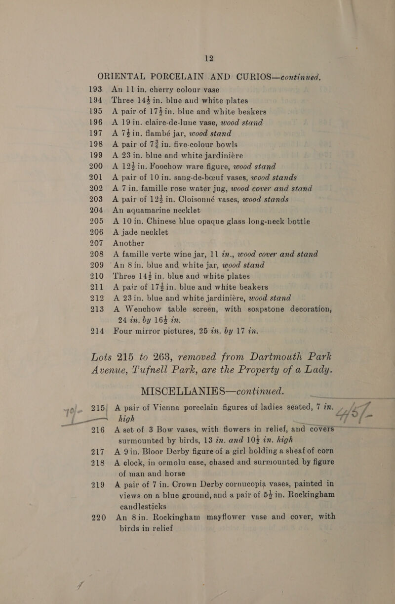 ORIENTAL PORCELAIN AND CURIOS—continued. 193 An 11 in. cherry colour vase 194. Three 144 in. blue and white plates 195 A pair of 174in. blue and white beakers 196 A 19 in. claire-de-lune vase, wood stand 197 A Thin. flambé jar, wood stand 198 A pair of 72 in. five-colour bowls 199 A 23 in. blue and white jardiniére 200 A 124 in. Foochow ware figure, wood stand 201 A pair of 10 in. sang-de-boeuf vases, wood stands 202 A 7in. famille rose water jug, wood cover and stand 203 A pair of 124 in. Cloisonné vases, wood stands 204 An aquamarine necklet 205 <A 10in. Chinese blue opaque glass long-neck bottle 206 A jade necklet 207 Another 208 A famille verte wine jar, 11 2., wood cover and stand 209 ‘An 8in. blue and white jar, wood stand 210 Three 144 in. blue and white plates 211 A pair of 174in. blue and white beakers 212 A 23in. blue and white jardiniére, wood stand 213 A Wenchow table screen, with soapstone decoration, 24 in. by 164% in. 7 214 Four mirror pictures, 25 an. by 17 in. Lots 215 to 263, removed from Dartmouth Park Avenue, Tufnell Park, are the Property of a Lady. MISCELLANIES—continwed. 915! A pair of Vienna porcelain figures of ladies seated, 7 in. : —-« high o)) wi! at f - 216 Aset of 3 Bow vases, with flowers in relief, and covers surmounted by birds, 13 zn. and 104 in. high 217 A Qin. Bloor Derby figure of a girl holding a sheaf of corn 218 A clock, in ormolu case, chased and surmounted by figure of man and horse 219 A pair of 7 in. Crown Derby cornucopia vases, painted in views on a blue ground, and a pair of 53 in. Rockingham candlesticks 920 An 8in. Rockingham mayflower vase and cover, with birds in relief