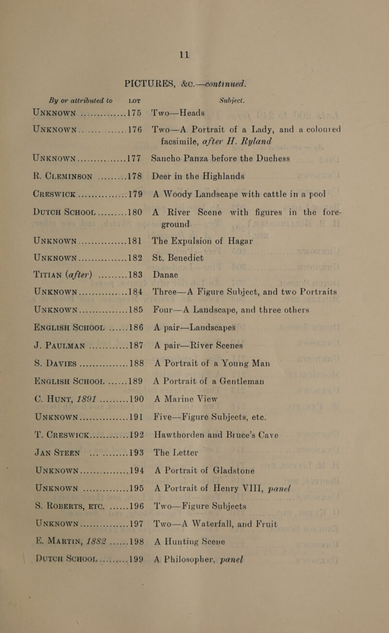 LL By or attributed to LOT UNENOWN 2.5..0-05-..-. 175 9 176 UNKNOWN............... Vig Rt. CLEMINSON ......... 178 WE Re WIC racine... 2.0077 179 DUTCH SCHOOL ......... 180 UONEAOWN ....52.0.00.03: 181 MIM RNOWN oes ies iacsss 182 TITIAN (after) ......... 183 RINE NOWN 2. senses cee... 184 UNKNOWN 2h See 185 IENGLISH SCHOOL ...... 186 ate aAte A 2 187 &lt;0 188 IXNGLISH SCHOOL ...... 189 EON L891 22:5... 190 ee owk eee : any See ee 191 POMRBSWICK OA 222010 192 eer es 8S. 193 RINBNOWN............+./ 194 UNKNOWN ..... beaches 195 SeLOBERITS, HTC. ...... 196 a 197 Ki, MARTIN, 7882 ...... 198 _DutToH SCHOOL.........199 Subject. 'Two—Heads Two—A Portrait of a Lady, and a coloured facsimile, after H. Ryland Sancho. Panza before the Duchess Deer in the Highlands A River Scene with figures in the fore- ground. The Expulsion of Hagar St. Benedict | Danae | | Three—A Figure Subject, and two Portraits Four—A Landscape, and three others A pair—Landscapes A pair—River Scenes A Portrait of a Young Man A Portrait of a Gentleman A Marine View Five Figuia Subjects, ete. Hawthorden and Bruce’s Cave The Letter A Portrait of Gladstone A Portrait of Henry VIII, panel Two—Figure Subjects — , Two—A Waterfall, and Fruit A Hunting Scene A Philosopher, panel