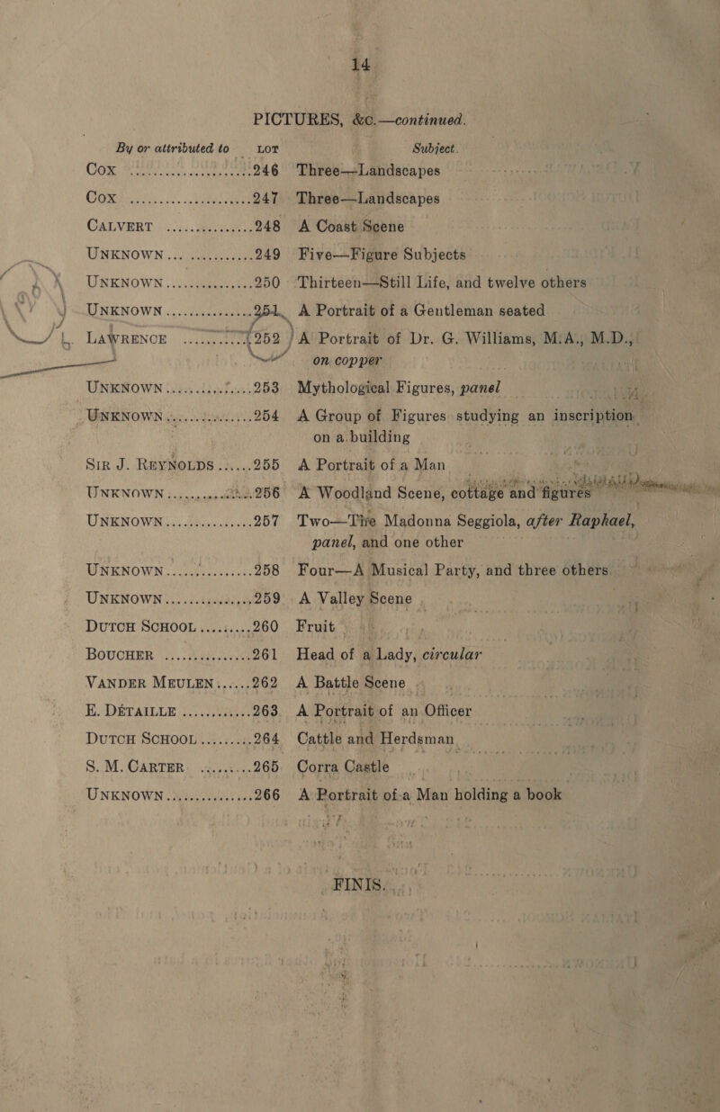 Games a ae 247 Three—Landscapes GAULVERT.. is. . deecueiee 248 <A Coast Scene URMENOWN 20 2 eee he 249 Five—Figure Subjects UNKNOWN . cue 250 Thirteen—Still Life, and twelve others UNKNOWN 2. ..U.50.5.60e 251. A Portrait of a Gentleman seated yay LAWRENCE fap ibs A Portrait of Dr. G, Williams, M:A., M.D., le on copper UNKNOWN 02 oon chia Pas) 253 Mythological Figures, panel 73. ea | BNENOWN gic. das... 254 A Group of Figures studying an inscription — By or attributed to COR Mee. See ae SIR J. REYNOLDS ees 14 PICTURES, &amp;c.—continued. LOT Subject. 246 Three—Landscapes on a. building 255 <A Portrait ofa Man UNKNOWN..........0.3..256 A Woodland Scene, cottage a UNERNOWHE Be 257 Two—Tive Madonna Seggiola, after Raphael, panel, and one other UNKNOWN...... Renn okt 258 Four—A Musical Party, and three others UNKNOWN 1 oo. geddlecis 259 A Valley Scene : r DutcH SCHOOL.........260 Fruit | ) BOUGHER =). See? 261 Head of a Lady, circular. VANDER MBULEN...... 262 <A Battle Scene ~ I. DetatiLE 60. sae 263 A Portrait of an Officer DutTcH SCHOOL .......;. S.M. CARTER: .:...:... UNKNOWN WH ee 264 Cattle and Herdsman 265. Corra Castle : 266 A Portrait of-a Men’ holding a book ee: FINIS.