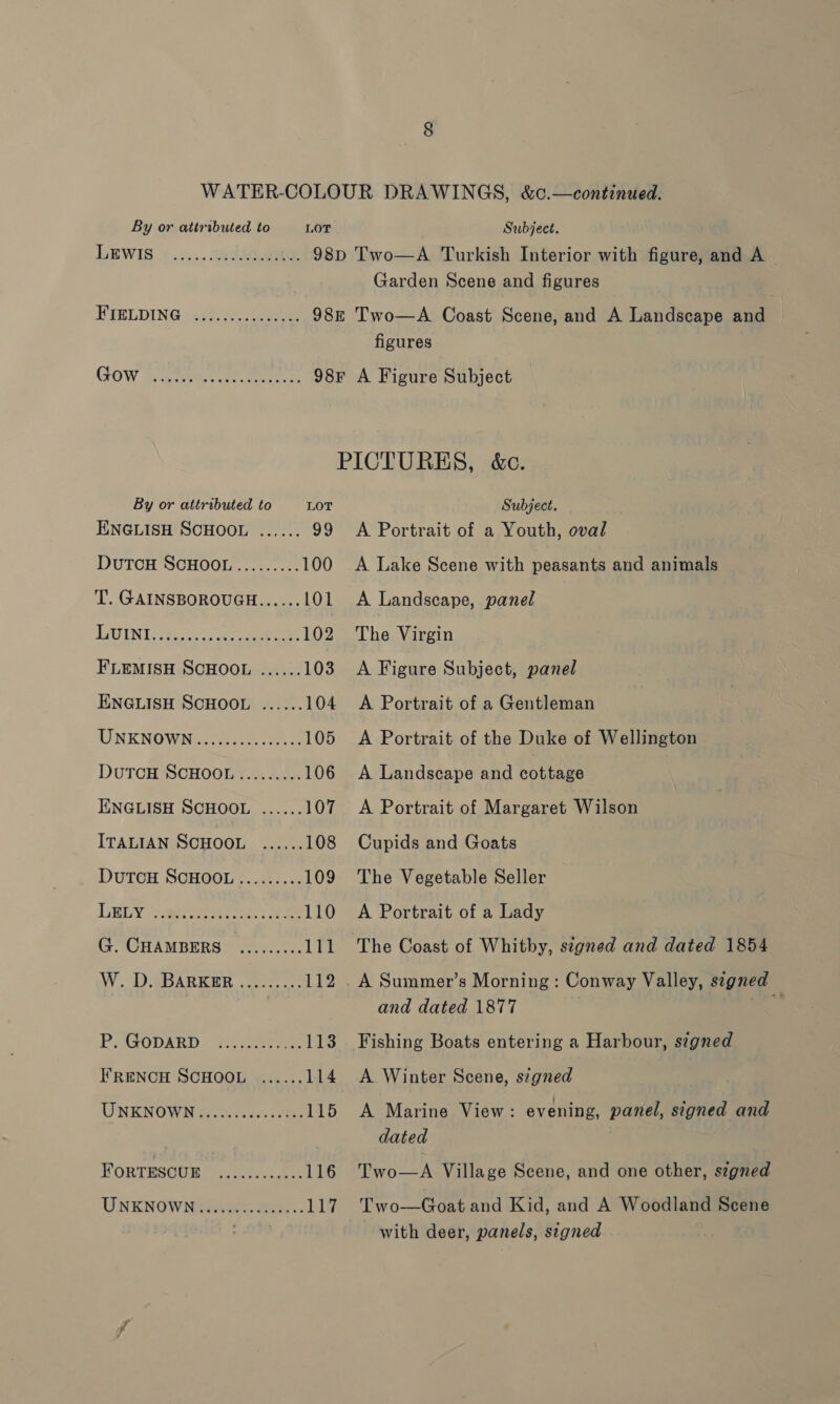 By or attributed to LOT Subject. LEWIS ¢.:... 40/0 444 98p Two—A Turkish Interior with figure, and A Garden Scene and figures EIRLDING 43). 32 eee 98x Two—A Coast Scene, and A Landscape and figures GOW 3. a eon oe eee 98F A Figure Subject PICTURES, &amp;c. By or attributed to LOT Subject. ENGLISH SCHOOL ...... 99 <A Portrait of a Youth, oval DUTCH SCHOOL ......... 100 A Lake Scene with peasants and animals T. GAINSBOROUGH...... 101 <A Landscape, panel } LOIN Seo 102 The Virgin FLEMISH SCHOOL ...... 103 A Figure Subject, panel ENGLISH SCHOOL ...... 104 A Portrait of a Gentleman UNKNOWN... ee 105 A Portrait of the Duke of Wellington DUTCH SCHOOL......... 106 A Landscape and cottage ENGLISH SCHOOL ...... 107 A Portrait of Margaret Wilson ITALIAN SCHOOL ...... 108 Cupids and Goats DuTCH SCHOOL ...13.... 109 The Vegetable Seller LELY “jake ee 110 A Portrait of a Lady Or OHAMBERS “ew. ae. 111 The Coast of Whitby, signed and dated 1854 Wd). gbARKER . see. 112 . A Summer’s Morning : Conway Valley, signed and dated 1877 PAODARD © Scion eee 113 Fishing Boats entering a Harbour, s¢gned FRENCH SCHOOL ...... 114 <A Winter Scene, s¢gned UNENOWN #.07110-270e 115 A Marine View: evening, panel, signed and dated FORTESCUE ........s0e. 116 ipaeee Village Scene, and one other, segned UNENOWNSENE Ee... 117 Two-—Goat and Kid, and A Woodland Scene with deer, panels, signed