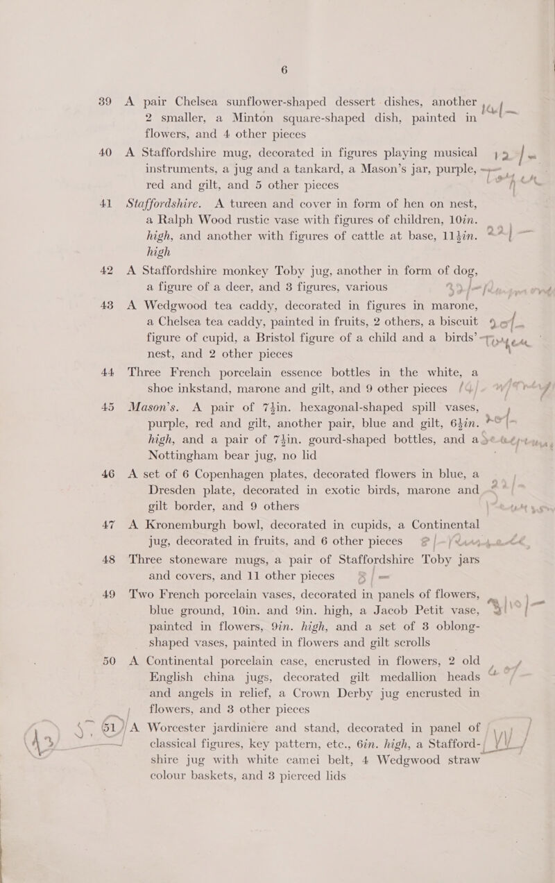 39 40 Aq 42 43 44 46 47 48 49 50 6 A pair Chelsea sunflower-shaped dessert . dishes, another 2 smaller, a Minton square-shaped dish, painted in flowers, and 4 other pieces 7 instruments, a jug and a tankard, a Mason’s jar, purple, red and gilt, and 5 other pieces Staffordshire. A tureen and cover in form of hen on nest, a Ralph Wood rustic vase with figures of children, 10zn. high, and another with figures of cattle at base, 1142n. high A Staffordshire monkey Toby jug, another in form of ee a figure of a deer, and 3 figures, various A Wedgwood tea caddy, decorated in figures in marone, a Chelsea tea caddy, painted in fruits, 2 others, a biscuit figure of cupid, a Bristol figure of a child and a birds’ nest, and 2 other pieces Three French porcelain essence bottles in the white, a shoe inkstand, marone and gilt, and 9 other pieces /4 Mason’s. A pair of 73in. hexagonal-shaped spill vases, purple, red and gilt, another pair, blue and gilt, 640n. Nottingham bear jug, no lid A set of 6 Copenhagen plates, decorated flowers in blue, a Dresden plate, decorated in exotic birds, marone and gilt border, and 9 others jug, decorated in fruits, and 6 other pieces ®/ =) &lt;a Three stoneware mugs, a pair of Staffordshire Toby jars and covers, and 11 other pieces &amp; / = Two French porcelain vases, decorated in panels of flowers, blue ground, 10in. and 9in. high, a Jacob Petit vase, painted in flowers, 9in. high, and a set of 3 oblong- shaped vases, painted in flowers and gilt scrolls A Continental porcelain case, encrusted in flowers, 2 old and angels in relief, a Crown Derby jug encrusted in flowers, and 3 other pieces classical figures, key pattern, etc., 6in. high, a Stafford-_ shire jug with white camei belt, 4 Wedgwood straw
