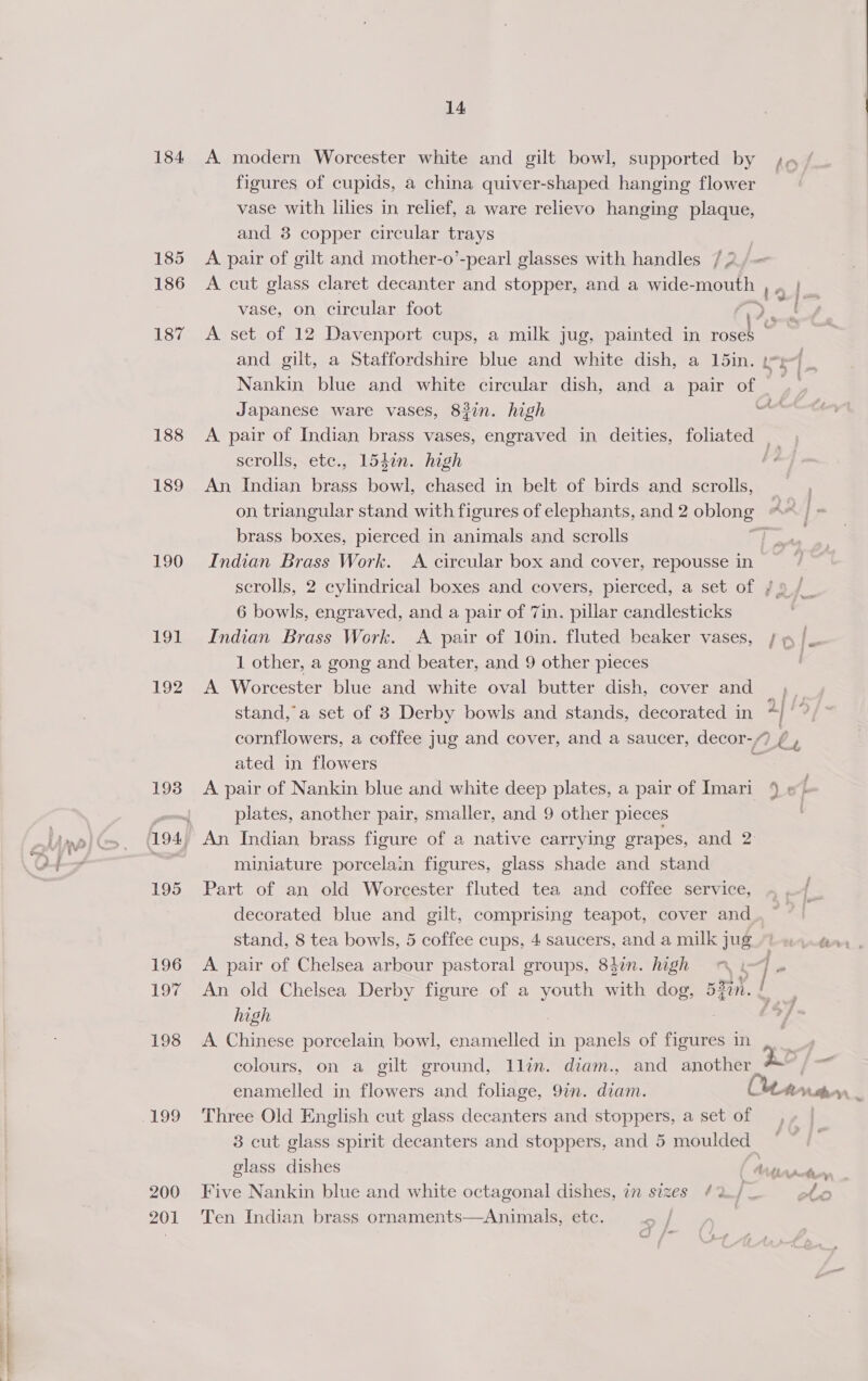 ~ en alae 184 A modern Worcester white and gilt bowl, supported by ;. / figures of cupids, a china quiver-shaped hanging flower vase with lilies in relief, a ware relievo hanging plaque, 185 A pair of gilt and mother-o’-pearl glasses with handles , 186 &lt;A cut glass claret decanter and stopper, and a wide- mouth , a vase, on circular foot aa 187 A set of 12 Davenport cups, a milk jug, painted in met , and gilt, a Staffordshire blue and white dish, a 15in. ps | Nankin blue and white circular dish, and a pair of fe 188 A pair of Indian brass vases, engraved in deities, foliated scrolls, ete., 154in. high 189 An Indian Sears bowl, chased in belt of birds and scrolls, on triangular stand with figures of elephants, and 2 oblong = AR] = brass boxes, pierced in animals and scrolls 190 Indian Brass Work. A circular box and cover, repousse in scrolls, 2 cylindrical boxes and covers, pierced, a set of /9 /_ 6 bowls, engraved, and a pair of 7in. pillar candlesticks 191 Indian Brass Work. A pair of 10in. fluted beaker vases, / « |. 1 other, a gong and beater, and 9 other pieces | 192 A Worcester blue and white oval butter dish, cover and stand, a set of 3 Derby bowls and stands, decorated in “ 7, cornflowers, a coffee jug and cover, and a saucer, decor-/7 ha ated in flowers eG 193 A pair of Nankin blue and white deep plates, a pair of Imari 9 «! _ plates, another pair, smaller, and 9 other pieces | 194, An Indian brass figure of a native carrying erapes, and 2: | miniature porcelain figures, glass shade and stand 195 Part of an old Worcester fluted tea and coffee service, decorated blue and gilt, comprising teapot, cover and stand, 8 tea bowls, 5 coffee cups, 4 saucers, and a milk jug rn ndin . 196 &lt;A pair of Chelsea arbour pastoral groups, 84in. high ~ ¢ / o 197 An old Chelsea Derby figure of a ae with dog, ge 198 A Chinese porcelain bowl, enamelled in panels of figures in colours, on a gilt ground, llin. diam., and another enamelled in flowers and foliage, 97m. diam. MAAN 199 Three Old English cut glass decanters and stoppers, a set of 3 cut glass spirit decanters and stoppers, and 5 moulded att glass dishes | Arne 200 Five Nankin blue and white octagonal dishes, in sizes ¢ 2 / AD 201 Ten Indian brass ornaments—Animals, etc. o | ¢ i ie@ —