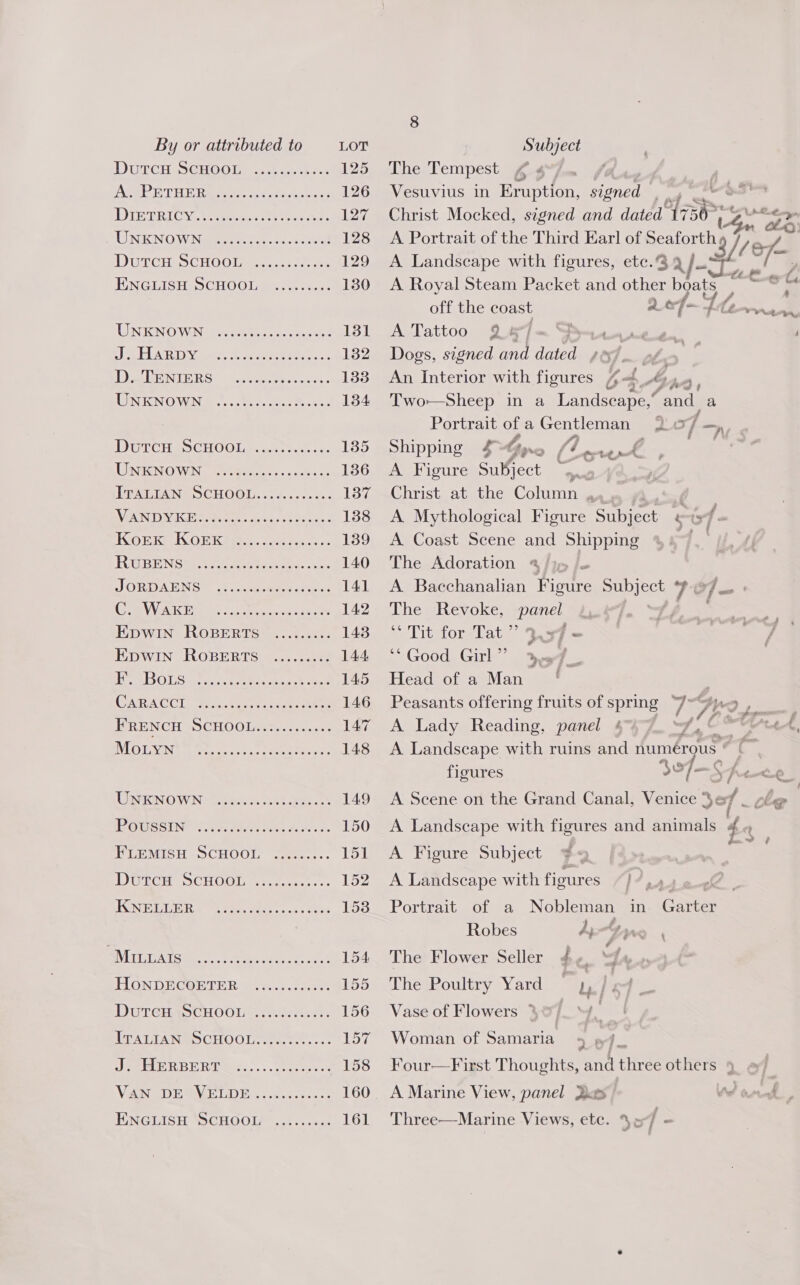 DUTCH SCHOOL. wh.) 0.4 125 DACA ET ELE Rw, sen oe cick s curet 126 LTEER ICY. 0 eeeeeur ie eis 127, LUNN ONaeIEe cee ate! 128 DUTCHiS CHOOImey ined) es 129 ENGLISH SCHOOL ......... 130 UN RNOWWING Becteieces concer 131 J CLAD Yous. ee teenie cs. 132 LD aA DENIER Se. Gece leas... es LIN KNOWING es onc. done Seo 134 DUTCH eS CHOOL awk nee sa 135 TENNOWIN Seite. ssackacs 136 ITALIAN SCHOOL..&lt;+......- 137 LVEAIN DV aK ees lo ch. e Saba 138 IROEK? LOUK ies... coiewecs 139 RiGiBENS rere 28 mete. sas 140 JORDIAENG@ . 2 ccueeeee stecc: 141 CAVA ES tne doce hcrancae. ate 142 EDWIN ROBERTS: ...i..2.. 143 EDWIN ROBERTS ......... 144. He DO LSa core ees. oer 145 GCARACCL aig Gp tne eee 146 PRENCH OS CHOOLye%s tye. 147 IO EVN Ser tactics eee eee oes 148 TIBEIN'O WINS ries oa sake eee 149 LEOUSE IN 9S) y Pao trate Fess oe 150 FLEMISH SCHOOL ......... 151 DURCH = SCHOO Teens... 152 SN ECE hs ee Se, Se es oh « eee 153 IVES ES on. eee ees ore 154 FIGNDRC@HPER mit. 0.0 cca £55 DUTCHAOCHOOLS 2. eee 156 LETATTA NMOS CHOOLT ate... « ia) Ure BREE RTO 4). :.Segsacdsc 158 VANS DEAVE UDI /s6.e0500 5 160 HINGLISH “SCHOOL? ..&lt;...%&lt;. 161 8 The Tempest ¢ Vesuvius in Eruption, signed Christ Mocked, signed and dated tn es gu : se A Portrait of the Third Earl of Seaforth 9 // Pa A Landscape with figures, etc. 33/90 7 A Royal Steam Packet and other boats Ct ty oO off the coast ak 4- le oe A Tattoo 934 lm Fryar, Adon Dogs, signed and ee ) e An Interior with figures Gf 4 3; Two-Sheep in a Landscape, and a Portrait ofa Gentleman 2.o7 =, Shipping £ Gy ,_f7 Pre ee A Figure Sumect ; ‘ Christ at the Column eam # A Mythological Figure Subject @Gf- A Coast Scene and Shipping BS The Adoration A Bacchanalian Hicme BHO IeSH {= The Revoke, panel | * Tit for Tat ” Bax7 ‘* Good Girl ”’ Head of a Man | Peasants offering fruits of spring 7 ha “9 } ad “ A Lady Reading, panel ¢ ST ig Oe “5: tk, A Landscape with ruins and numerous | figures $e [2 Sf Cou A Scene on the Grand Canal, ea xe . cle | A Landscape with figures and animals 4 e, A Figure Subject #4 A Landscape with fioures eee ee Portrait of a Nobleman in Garter Robes Ay. The Flower Seller ¢ zien The Poultry Yard ~ rar Vase of Flowers 3&amp;/_ \y, Woman of Samaria 9 »f_ Four—First Thoughts, and three others ‘ _ A Marine View, panel Ras A ora , Three—Marine Views, etc. \e7 -