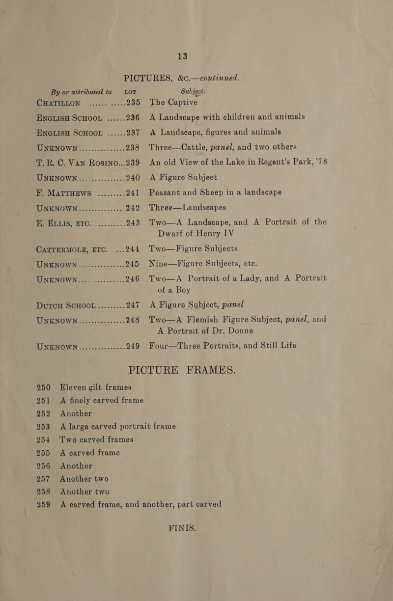 By or attributed to LOT GHATIBLON. ...22.) .02.. 235 ENGLISH SCHOOL ...... 236 ENGLISH SCHOOL ...... 237 WON OWN 4525s o0e scene 238 T.R. C. VAN RosIno...239 WINICNOWN .2........--50: 240 PeeMATIHEWS ......... 241 UNKNOWN.........-..66:242 Pees, BTC; ......6.. 243 CATTERMOLE, ETC. ...244 WINNOW NG. fs ese. yess 245 WINE MOWN....) J. .--.06- 246 DuTCH SCHOOL......... 247 WENKINOWING fics cscs es. 248 UNENOWN ..:.5.....-.-+- 249 Subject. The Captive A Landscape with children and animals A Landscape, figures and animals Three---Cattle, panel, and two others An old View of the Lake in Regent’s Park, ’78 A Figure Subject Peasant and Sheep in a landscape Three—Landscapes Two—A Landscape, and A Portrait of the Dwarf of Henry IV Two—A Portrait of a Lady, and A Portrait. of a Boy A Figure Subject, panel Two—A Flemish Figure Subject, panel, and A Portrait of Dr. Donne Four—Three Portraits, and Still Life 250 Eleven gilt frames 251 A finely carved frame 252 Another 253 A large carved portrait frame 254 Two carved frames 255 A carved frame 256 Another 257 Another two 258 Another two 259 FINIS.