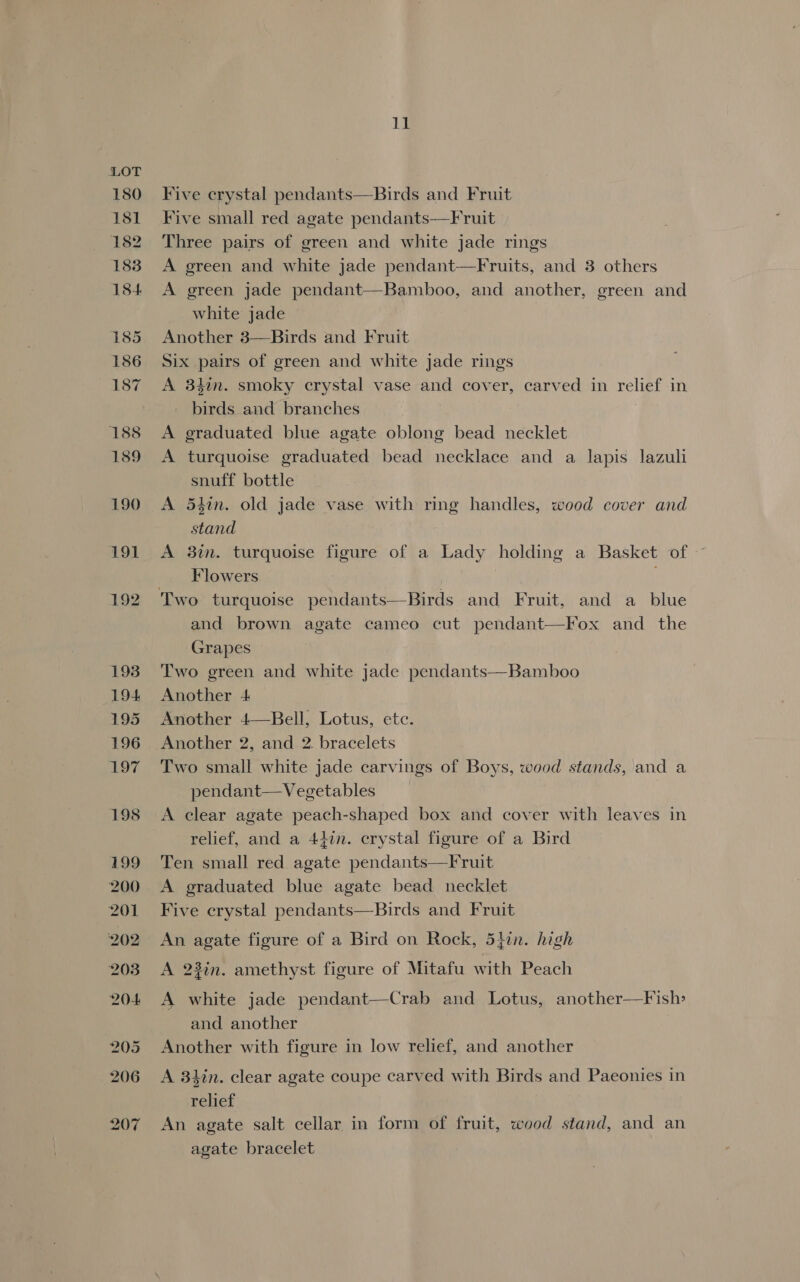 Five crystal pendants—Birds and Fruit Five small red agate pendants—Fruit Three pairs of green and white jade rings A green and white jade pendant—Fruits, and 3 others A green jade pendant—Bamboo, and another, green and white jade Another 3—Birds and Fruit Six pairs of green and white jade rings A 34in. smoky crystal vase and cover, carved in relief in birds and branches A graduated blue agate oblong bead necklet A turquoise graduated bead necklace and a lapis lazuli snuff bottle A 5hin. old jade vase with ring handles, wood cover and stand A 3in. turquoise figure of a Lady holding a Basket of ~ Flowers | and brown agate cameo cut pendant—Fox and the Grapes Two green and white jade pendants—Bamboo Another 4 Another 4—Bell, Lotus, ete. Another 2, and 2. bracelets Two small white jade carvings of Boys, wood stands, and a pendant—Vegetables A clear agate peach-shaped box and cover with leaves in relief, and a 44in. crystal figure of a Bird Ten small red agate pendants—Fruit A graduated blue agate bead necklet Five crystal pendants—Birds and Fruit An agate figure of a Bird on Rock, 5}in. high A 23in. amethyst figure of Mitafu with Peach A white jade pendant—Crab and Lotus, another—F ish and another Another with figure in low relief, and another A 34in. clear agate coupe carved with Birds and Paeonies in relief An agate salt cellar in form of fruit, wood stand, and an agate bracelet