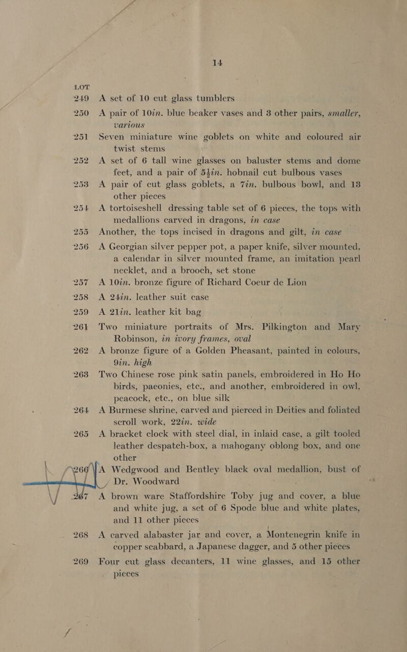 249 &lt;A set of 10 cut glass tumblers 250 A pair of 10in. blue beaker vases and 3 other pairs, smaller, various 251 Seven miniature wine goblets on white and coloured air twist stems 252 &lt;A set of 6 tall wine glasses on baluster stems and dome feet, and a pair of 547. hobnail cut bulbous vases 253 A pair of cut glass edbletel a Zin. bulbous bowl, and 13 other pieces 254 &lt;A tortoiseshell dressing table set of 6 pieces, the tops with medallions carved in dragons, in case 255 Another, the tops incised in dragons and gilt, in case 256 A Georgian silver pepper pot, a paper knife, silver mounted. a calendar in silver mounted frame, an imitation pearl necklet, and a brooch, set stone 257 A 10in. bronze figure of Richard Coeur de Lion 258 &lt;A 24in. leather suit case 259 &lt;A 2lin. leather kit bag 261 Two miniature portraits of Mrs. Pilkington and Mary Robinson, in wory frames, oval | 262 A bronze figure of a Golden Pheasant, painted in colours, 9in. high 263 Two Chinese rose pink satin panels, embroidered in Ho Ho birds, paeonies, etc., and another, embroidered in owl, peacock, ete., on blue silk 264 A Burmese shrine, carved and pierced in Deities and foliated scroll work, 22in. wide 265 A bracket clock with steel dial, in inlaid case, a gilt tooled leather despatch-box, a mahogany oblong box, and one other A Wedgwood and Bentley black oval medallion, bust of Dr. Woodward \ vi 367 A brown ware Staffordshire Toby jug and cover, a blue and white jug, a set of 6 Spode blue and white plates, and 11 other pieces  ’ 268 A carved alabaster jar and cover, a Montenegrin knife in copper scabbard, a Japanese dagger, and 5 other pieces 269 Four cut glass decanters, 11 wine glasses, and 15 other pieces