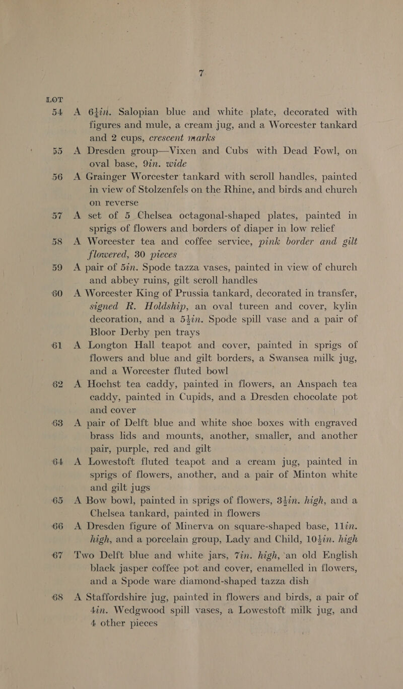 56 58 59 60 61 63 64 A 61in. Salopian blue and white plate, decorated with figures and mule, a cream jug, and a Worcester tankard and 2 cups, crescent marks A Dresden group—Vixen and Cubs with Dead Fowl, on oval base, 91n. wide A Grainger Worcester tankard with scroll handles, painted in view of Stolzenfels on the Rhine, and birds and church on reverse A set of 5 Chelsea octagonal-shaped plates, painted in sprigs of flowers and borders of diaper in low relief A Worcester tea and coffee service, pink border and gilt flowered, 30 pteces A pair of 57n. Spode tazza vases, painted in view of church and abbey ruins, gilt scroll handles A Worcester King of Prussia tankard, decorated in transfer, signed R. Holdship, an oval tureen and cover, kylin decoration, and a 54%n. Spode spill vase and a pair of Bloor Derby pen trays A Longton Hall teapot and cover, painted in sprigs of flowers and blue and gilt borders, a Swansea milk jug, and a Worcester fluted bowl A Hochst tea caddy, painted in flowers, an Anspach tea caddy, painted in Cupids, and a Dresden chocolate pot and cover A pair of Delft blue and white shoe boxes with engraved brass lids and mounts, another, smaller, and another pair, purple, red and gilt | A Lowestoft fluted teapot and a cream jug, painted in sprigs of flowers, another, and a pair of Minton white and gilt jugs 3 A Bow bowl, painted in sprigs of flowers, 347n. high, and a Chelsea tankard, painted in flowers A Dresden figure of Minerva on square-shaped base, 11in. high, and a porcelain group, Lady and Child, 1047n. high Two Delft blue and white jars, 7in. high, ’an old English black jasper coffee pot and cover, enamelled in flowers, and a Spode ware diamond-shaped tazza dish A Staffordshire jug, painted in flowers and birds, a pair of 4in. Wedgwood spill vases, a Lowestoft milk jug, and 4 other pieces