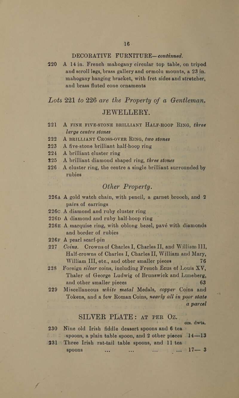 DECORATIVE FURNITURE— continued. 220 A 14in. French mahogany circular top table, on tripod and scroll legs, brass gallery and ormolu mounts, a 23 in. mahogany hanging bracket, with fret sides and stretcher, and brass fluted cone ornaments Lots 221 to 226 are the Property of a Gentleman. JEWELLERY. 221 A FINE FIVE-STONE BRILLIANT Hatr-Hoop RIna, three lar ge centre stones 222 A BRILLIANT CROSS-OVER RING, two stones 223 A five-stone brilliant half-hoop ring 224 A brilliant cluster ring | 225 .A brilliant diamond shaped ring, three stones 226. A cluster ring, the centre a single brilliant surrounded by rubies Other Property. 2264 A gold watch chain, with pencil, a garnet brooch, and 2 pairs of earrings 226c A diamond and ruby cluster ring 226D A diamond and ruby half-hoop ring 226E A marquise ring, with oblong bezel, pavé with diamonds and border of rubies 226F A pear! scarf-pin 227 Coins. Crowns of Charles I, Charles II, ai auatiiayn II], Half-crowns of Charles I, Charles II, William and Mary, William III, etc., and other smaller pieces . 76 228 Foreign silver coins, including French Ecus of Louis XV, Thaler of George Ludwig of Brunswick and Luneberg, and other smaller pieces Ae 63 229 Miscellaneous white metal Medals, copper Coins and Tokens, and a few Roman Coins, nearly all in poor state _ a parcel SILVER PLATE: av PER Oz. — sh de ) ozs. dwts. 230 Nine old Irish fiddle dessert spoons and 6 tea ' | spoons, a plain table spoon, and 2 other pieces . 14—13 231 Three Irish rat-tail table spoons, and ‘11 tea ° spoons Ate: aa ti ra 17— 3