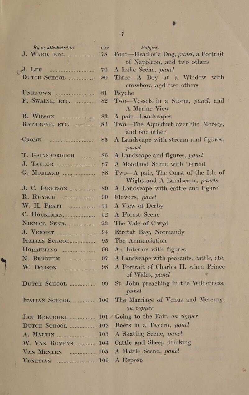 7 By or attributed to LOT Subject. BEPC ARTY, FPO. 78 Four—Head of a Dog, panel, a Portrait of Napoleon, and two others aR oe a hay hy ies 5263 79 &lt;A Lake Scene, panel PMORECH SCHOO... dscis.. 80 Three—A Boy at a Window with ; crossbow, and two others TNR WOWN I hE. 81 Psyche PaewmeniN DRTC, 6 uae... 82. Two—Vessels in a Storm, panel, and A Marine View Bes VREEBON I UES ue a 83. A pair—Landscapes IMATE BONE, PVC... rac... 84 Two—The Aqueduct over the Mersey, and one other Re ROMP E66). 0. conssetle oh 85 &lt;A Landscape with stream and figures, panel 1. GAINSBOROUGH _......... 86 A Landscape and figures, panel aL OR ee! 87 A Moorland Scene with torrent Aa MeLORTAND cusses. 88 Two—A pair, The Coast of the Isle of Wight and A Landscape, panels WiC. TBBETSON 1.08... 89 &lt;A Landscape with cattle and figure Pee Oy HCEH SS 0. uttis. o.. 90 Flowers, panel (Og = DS a 91 &lt;A View of Derby MSN OUSENAN.. 07 /.7)....5..0-- 92 A Forest Scene NIEMAN, SENR.......:.......... 938 The Vale of Clwyd BV PART bk. -.......- ees, 94 Etretat Bay, Normandy PIAIWAN SCHOOL..........4.-.. 95 The Annunciation oe 96 An Interior with figures Dg eho.) Ge 97 A Landscape with peasants, cattle, ete. ¥ We IIQRSON .Oh........../... 98 &lt;A Portrait of Charles II. when Prince of Wales, panel ; Reem CHOOL ........2....0. 99 St. John preaching in the Wilderness, panel IPARIAN SCHOOL............3¢: 100 The Marriage of Venus and Mercury, on copper JAN BREUGHEL .........-...... 101.“ Going to the Fair, on copper Dimer CHOOL ..............3 102 Boers in a Tavern, panel DN MCRIEIN oi ccene eens eens 103 A Skating Scene, panel W. Van Romeys............. 104 Cattle and Sheep drinking Mam MENLEN | ...........02.0. 105 A Battle Scene, panel
