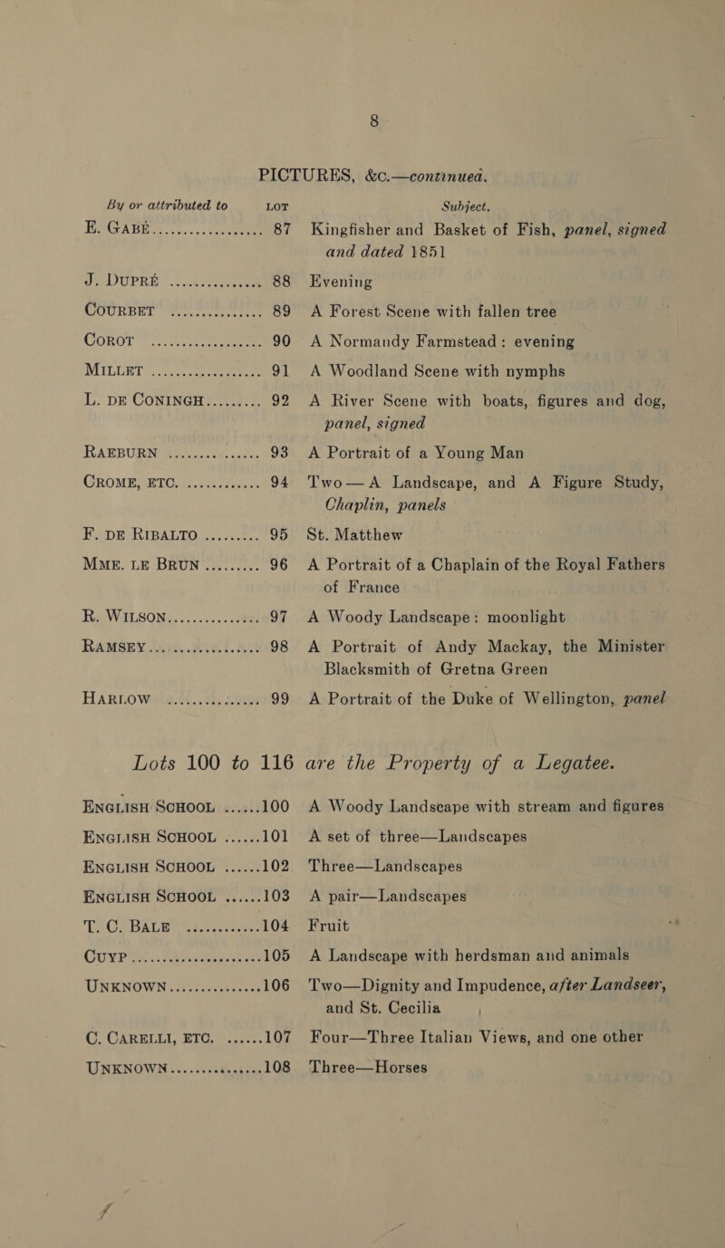 EPUVABEC..:),..: oe eee 87 NeIUPRE .;.dt eee 88 COURBET Mette ee 89 GOROT i eee 90 MILLET ..4. oc epee ee 91 I; DE CONINGH?.2- 92 UA RB URN Been fox. cattre 93 (ROME) TOs. be ae oe 94 Hepes RIBALTO... a. 95 MME. LE BRUN........: 96 RaWAILSONG.- 2.0... ae 97 RAMSEY Oyi6. ALLA 98 HAaRLowslafé.. 4. 1.e 99 Lots 100 to 116 ENGLISH SCHOOL ...... 100 ENGLISH SCHOOL ...... 101 ENGLISH SCHOOL ...... 102 ENGLISH SCHOOL ...... 103 Te Os BALD Gaerne: 104 GUYP'Iy 4: ice ese ee 105 LNENOWN foo elas sts 106 ? CARRULL, Blu ist 107 UNKNOWN ......ccksseess 108 Kingfisher and Basket of Fish, panel, signed and dated 1851 Evening A Forest Scene with fallen tree A Normandy Farmstead: evening A Woodland Scene with nymphs A River Scene with boats, figures and dog, panel, signed A Portrait of a Young Man Two—A Landseape, and A Figure Study, Chaplin, panels St. Matthew A Portrait of a Chaplain of the Royal Fathers of France A Woody Landscape: moonlight A Portrait of Andy Mackay, the Minister Blacksmith of Gretna Green A Portrait of the Duke of Wellington, panel are the Property of a Legatee. A Woody Landscape with stream and figures A set of three—Landscapes Three—Landscapes A pair—Landscapes Fruit A Landscape with herdsman and animals Two—Dignity and Impudence, after Landseer, and St. Cecilia Four—Three Italian Views, and one other Three—Horses