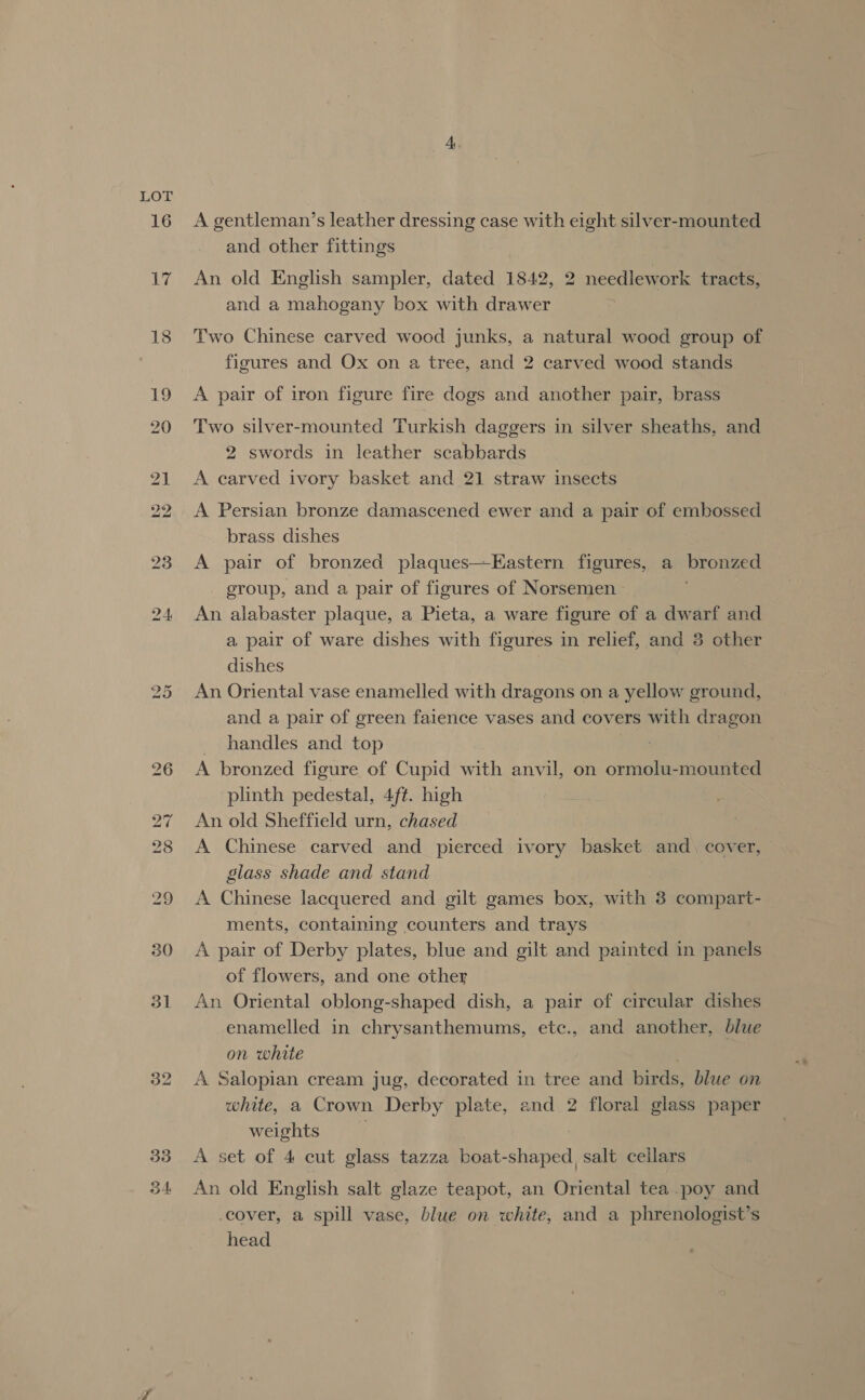 16 17 18 32 33 A gentleman’s leather dressing case with eight silver-mounted and other fittings An old English sampler, dated 1842, 2 needlework tracts, and a mahogany box with drawer Two Chinese carved wood junks, a natural wood group of figures and Ox on a tree, and 2 carved wood stands A pair of iron figure fire dogs and another pair, brass Two silver-mounted Turkish daggers in silver sheaths, and 2 swords in leather scabbards A carved ivory basket and 21 straw insects A Persian bronze damascened ewer and a pair of embossed brass dishes A pair of bronzed plaques—Eastern figures, a bronzed group, and a pair of figures of Norsemen An alabaster plaque, a Pieta, a ware figure of a dwarf and a pair of ware dishes with figures in relief, and 3 other dishes An Oriental vase enamelled with dragons on a yellow ground, and a pair of green faience vases and covers with dragon _ handles and top A bronzed figure of Cupid with anvil, on ormolu-mounted plinth pedestal, 4ft. high An old Sheffield urn, chased A Chinese carved and pierced ivory basket and) cover, glass shade and stand A Chinese lacquered and gilt games box, with 3 compart- ments, containing counters and trays A pair of Derby plates, blue and gilt and painted in panels of flowers, and one other An Oriental oblong-shaped dish, a pair of circular dishes enamelled in chrysanthemums, etc., and another, blue on white A Salopian cream jug, decorated in tree and birds, blue on white, a Crown Derby plate, and 2 floral glass paper weights A set of 4 cut glass tazza boat-shaped_ salt cellars An old English salt glaze teapot, an Oriental tea poy and cover, a spill vase, blue on white, and a phrenologist’s head