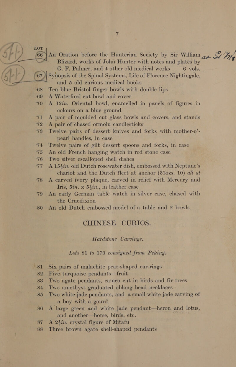  80 Blizard, works of John Hunter with notes and plates by G. F. Palmer, and 4 other old medical works 6 vols. and 5 old curious medical books Ten blue Bristol finger bowls with double lips A Waterford cut bowl and cover A 12%. Oriental bowl, enamelled in panels of figures in colours on a blue ground | A pair of moulded cut glass bowls and covers, and stands A pair of chased ormolu candlesticks Twelve pairs of dessert knives and forks with mother-o’- pearl handles, in case Twelve pairs of gilt dessert spoons and forks, in case An old French hanging watch in red stone case Two silver escalloped shell dishes A 154in. old Dutch rosewater dish, embossed with Neptune’s chariot and the. Dutch fleet: at anchor (8lozs. 10) all at A carved ivory plaque, carved in relief with Mercury and Iris, 5in. x 540n., in leather case An early German table watch in silver case, chased with the Crucifixion An old Dutch embossed model of a table and 2 bowls CHINESE CURIOS. - Hardstone Carvings. Lots 81 to 170 consigned from Peking. Six pairs of malachite pear-shaped ear-rings Five turquoise pendants—fruit Two agate pendants, cameo cut in birds and fir trees Two amethyst graduated oblong bead necklaces Two white jade pendants, and a small white jade carving of a boy with a gourd | A large green and white jade pendant—heron and lotus, and another—horse, birds, etc. A 2kin. crystal figure of Mitafu Three brown agate shell-shaped pendants