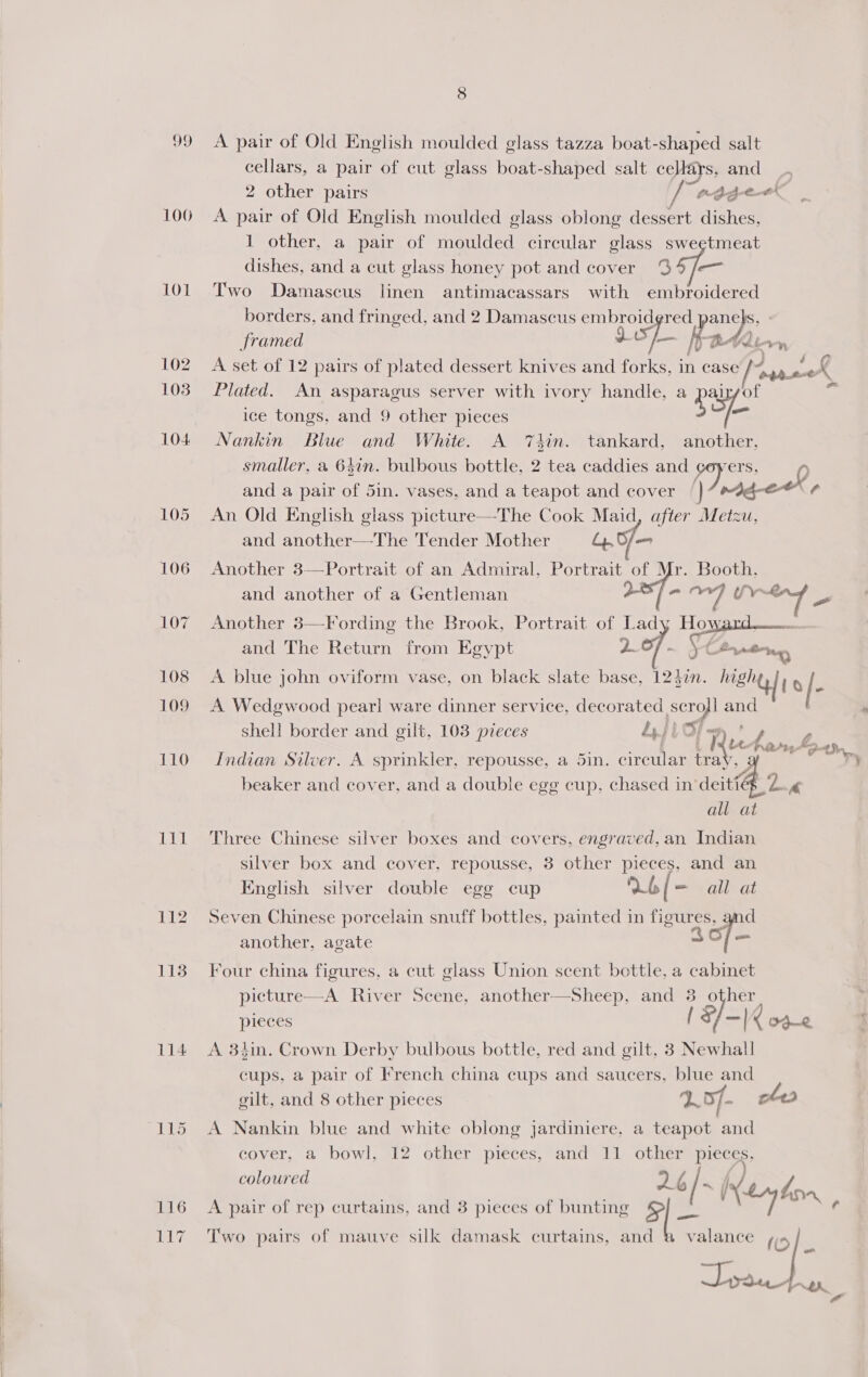  99 A pair of Old English moulded glass tazza boat-shaped salt cellars, a pair of cut glass boat-shaped salt cellars, and 2 other pairs |e Bae 106 A pair of Old English moulded glass oblong dessert dishes. 1 other, a pair of moulded circular glass sweetmeat dishes, and a cut glass honey pot and cover 94 /-— 101 Two Damascus linen antimacassars with embroidered borders, and fringed, and 2 Damascus see red bas framed gf Ken 102 A set of 12 pairs of plated dessert knives and forks, in ety, Any i oe 103 Plated. An asparagus server with ivory handle, a p i; a ice tongs, and 9 other pieces SL 104 Nankin Blue and White. A 7hin. tankard, another, smaller, a 64in. bulbous bottle, 2 tea caddies and coyers, and a pair of 5in. vases, and a teapot and cover \ Ade wageek p 105 An Old English glass picture—The Cook Maid, after Metzu, and another—The Tender Mother Lp, O/— 106 Another 83—Portrait of an Admiral, Portrait of Mr. Booth. and another of a Gentleman pee had 5B bys Ss 107 Another 8—Fording the Brook, Portrait of Lady Howard and The Return from Egypt 2. OF . y CA yntrinn, 108 A blue john oviform vase, on black slate base, 1247. high re |- 109 A Wedgwood pear! ware dinner service, alee of gud shell border and gilt, 103 pzeces | qe es oe = 110 Indian Silver. A sprinkler, repousse, a 5in. pee ae ae i beaker and cover, and a double egg cup, chased in’ Peo &amp; all at 111 Three Chinese silver boxes and covers, engraved, an Indian silver box and cover, repousse, 3 other pieces, and an English silver double egg cup b/ = all at 112. Seven Chinese porcelain snuff bottles, painted in figures, and another, agate “ of picture—A River Scene, another—Sheep, and ; 2 her pieces 3/-| 9--R, 114 A 38t%in. Crown Derby bulbous bottle, red and gilt, 3 enn cups, a pair of French china cups and saucers, pe and gilt, and 8 other pieces 457. /j- #2 “ta 115 A Nankin blue and white oblong jardiniere, a teapot and cover, a bowl, a2 other piétes, Vand ai) other pices, coloured Lh /~| ~ fel ‘ Neato , 116 A pair of rep curtains, and 3 pieces of bunting 5] — 117 Two pairs of mauve silk damask curtains, and &amp;® valance ies