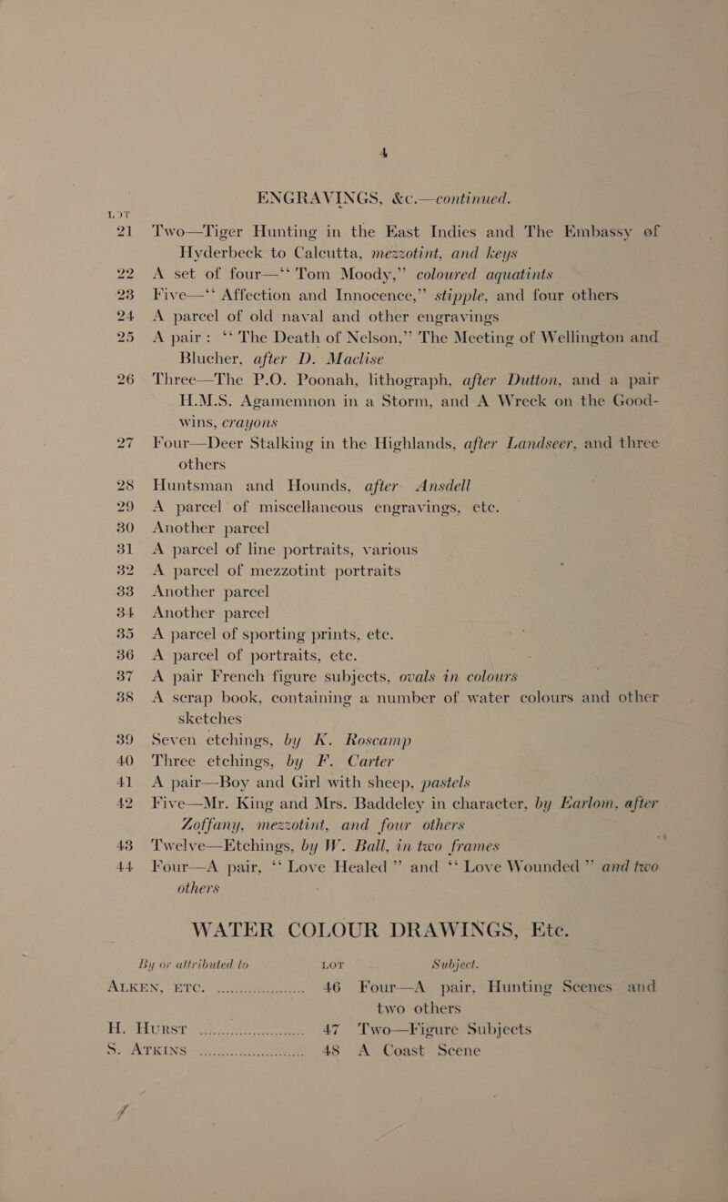 ENGRAVINGS, &amp;c.— continued. 21 Two—Tiger Hunting in the East Indies and The Embassy of Hyderbeck to Calcutta, mezzotint, and keys 22 A set of four—*‘ Tom Moody,” coloured aquatints 23 Five—** Affection and Innocence,” stipple, and four others 24 <A parcel of old naval and other engravings 25 A pair: ‘‘ The Death of Nelson,” The Meeting of Wellington and Blucher, after D. Maclise 26 Three—The P.O. Poonah, lithograph, after Dutton, and a pair H.M.S. Agamemnon in a Storm, and A Wreck on the Good- wins, crayons 27 Four—Deer Stalking in the Highlands, after Landseer, and three others 28 Huntsman and Hounds, after Ansdell 29 A parcel of miscellaneous engravings, ete. 30 Another parcel 31 <A parcel of line portraits, various 32 <A parcel of mezzotint portraits 33 Another parcel 34 Another parcel 35 <A parcel of sporting prints, ete. 36 A parcel of portraits, ete. 37 A pair French figure subjects, ovals in colours 38 A scrap book, containing a number of water colours and other sketches 39 Seven etchings, by K. Roscamp 40 Three etchings, by F. Carter 41 A pair—Boy and Girl with sheep, pastels 42 Five—Mr. King and Mrs. Baddeley in character, by Karlom, after ZLotfany, mezzotint, and four others 43 Twelve—Etchings, by W. Ball, in two frames 44 Tour—A pair, ‘‘ Love Healed ” and ‘‘ Love Wounded ” and two others  WATER COLOUR DRAWINGS, Ete. By or altributed to LOT Subject. ADKEN, (OTC. .),, eee 46 Four—A pair, Hunting Scenes and two others ieee Lise. 47 Two—Figure Subjects H. Hurst 