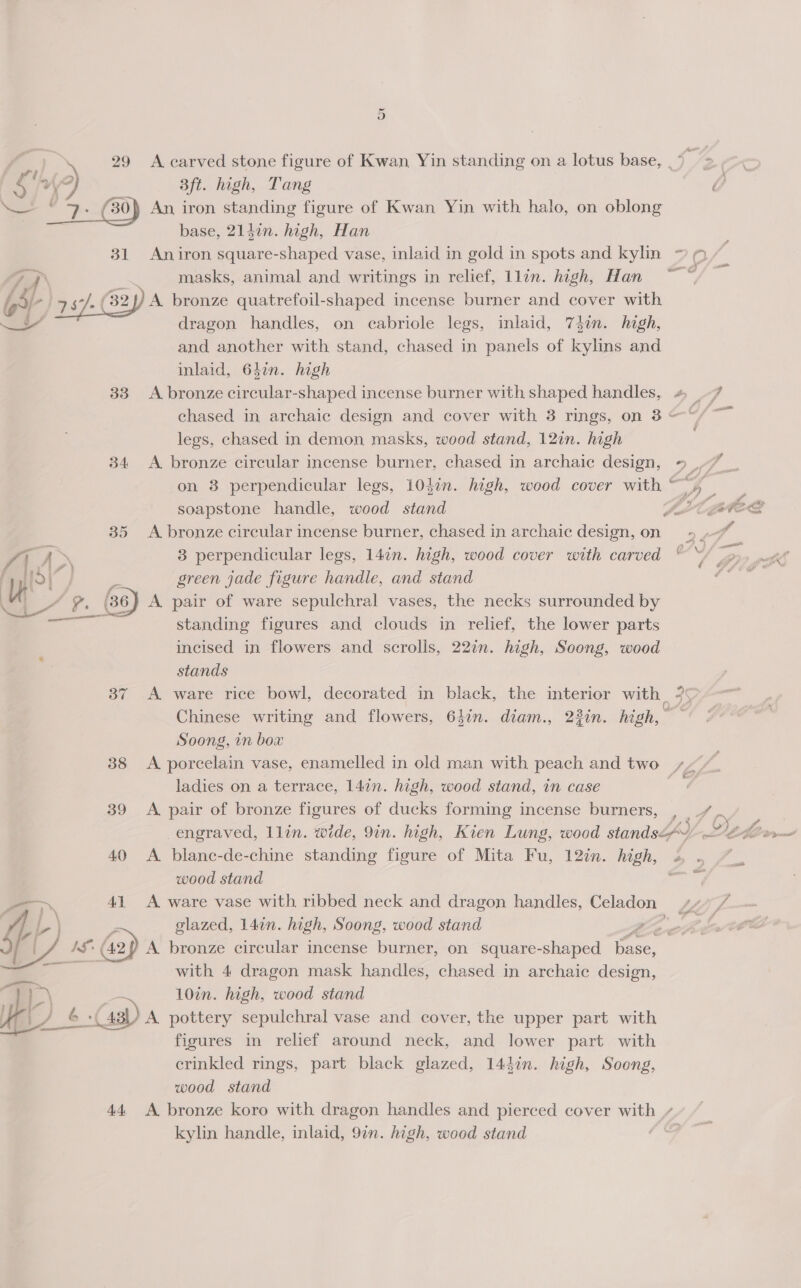 Or gi ‘f v4 3ft. high, Tang &lt;= 30) An iron standing figure of Kwan Yin with halo, on oblong base, 2147in. high, Han masks, animal and writings in relief, llin. high, Han ps bronze quatrefoil-shaped incense burner and cover with dragon handles, on cabriole legs, inlaid, 74in. high, and another with stand, chased in panels of kylins and inlaid, 64in. high 33 A bronze circular-shaped incense burner with shaped handles, legs, chased in demon masks, wood stand, 12in. high 34 &lt;A bronze circular incense burner, chased in archaic design, soapstone handle, wood stand fey 35 &lt;A bronze circular incense burner, chased in archaic design, on fi ‘_ 3 perpendicular legs, 147n. high, wood cover with carved 7 yy ol / green jade figure handle, and stand AU 2 r. (36) A. pair of ware sepulchral vases, the necks surrounded by standing figures and clouds in relief, the lower parts incised in flowers and scrolls, 22%n. high, Soong, wood stands 37 A ware rice bowl, decorated in black, the interior with Soong, in box god ladies on a terrace, 142n. high, wood stand, in case 39 A pair of bronze figures of ducks forming incense burners, 40 &lt;A. blanc-de-chine standing figure of Mita Fu, 12in. high, wood stand &gt;. 41 A ware vase with ribbed neck and dragon handles, Celadon SLL | ; glazed, 14in. high, Soong, wood stand , IS a2) A bronze circular incense burner, on square-shaped ed with 4 dragon mask handles, chased in archaic design, 2) \ - 10in. high, wood stand ye) « 6 -(4a)) A pottery sepulchral vase and cover, the upper part with figures in relief around neck, and lower part with crinkled rings, part black glazed, 144in. high, Soong, wood stand kylin handle, inlaid, 97n. high, wood stand