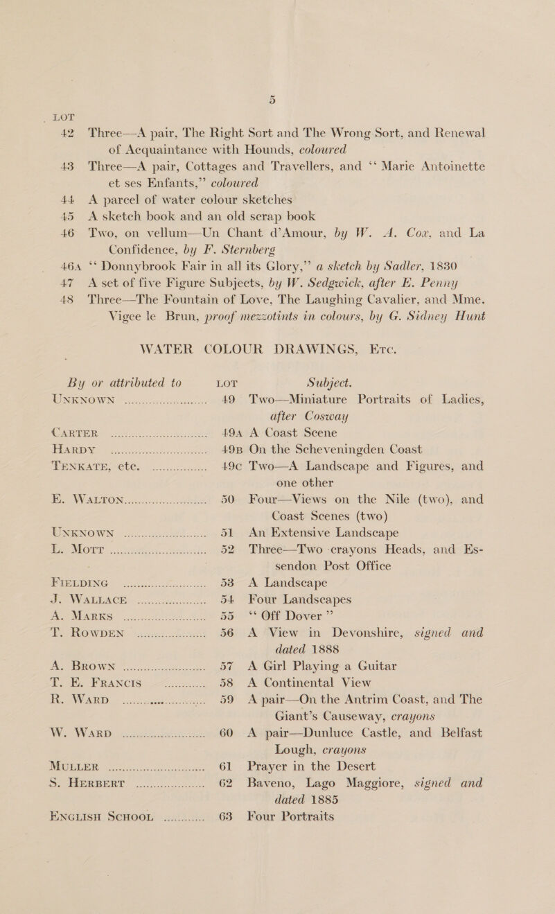 _ LOT 42. Three—A pair, The Right Sort and The Wrong Sort, and Renewal of Acquaintance with Hounds, coloured 43 Three—A pair, Cottages and Travellers, and *‘ Marie Antoinette et ses Enfants,” coloured 44 A parcel of water colour sketches 45 A sketch book and an old scrap book 46 Two, on vellum—Un Chant d’Amour, by W. A. Cox, and La Confidence, by F. Sternberg 464 ** Donnybrook Fair in all its Glory,” a sketch by Sadler, 1830 47 A set of five Figure Subjects, by W. Sedgwick, after E. Penny 48 Three—The Fountain of Love, The Laughing Cavalier, and Mme. Vigee le Brun, proof mezzotints in colours, by G. Sidney Hunt WATER COLOUR DRAWINGS, Etc. By or attributed to LOT Subject. NO RMRNOWN: csi he 49 Two—Miniature Portraits of Ladies, after Cosway AD Re eo. ee 494 A Coast Scene PEO Sy 3 aes ok ae 498 On the Scheveningden Coast (Doh. 3 Ne ne re 49c Two—A Landscape and Figures, and one other By rae MEON: 2s. eae A 50 Four—Views on the Nile (two), and Coast Scenes (two) WNENOWN %2ic.agmagl..ie. 51 An Extensive Landscape Pern. eae... ea wh. 52 Three—Two crayons Heads, and Es- sendon Post Office A UNG os sesso cece: Ze: 53 A Landscape a ST ES 25 eae ae 54 Four Landscapes tte WERRIGS 2.1 Fee 8 55 “* Off Dover ” Ee ROWDEN: lisitdist anes 56 A View in Devonshire, signed and dated 1888 Bee ROW No soc sree ocd acca 57 <A Girl Playing a Guitar De OP RAN CIS’ 27 elie 58 <A Continental View Pee A De 55h .. 59 <A pair—On the Antrim Coast, and The Giant’s Causeway, crayons WEAN ARDY: ca ik nodehcacay 60 A pair—Dunluce Castle, and Belfast Lough, crayons MUCELER |... Sn ee 61 Prayer in the Desert MEER E ORT 0.7... 52 62 Baveno, Lago Maggiore, signed and dated 1885 ENGuIsH Semoera..).0s 63 Four Portraits