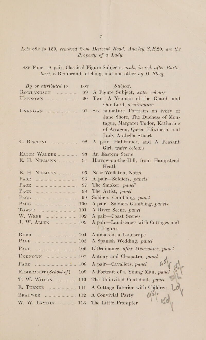 By or attributed to RoOWLANDSON UNKNOWN PaCS ie Cac ee UNKNOWN €, BISCIONI HWATON WALKER. co. ee: I es NIEMANN... I ote ns ein ne 1 one ce, See ne nen WC ht pats ahh ee 5 P(e a eo eee am ve aa ee ees ee ee DRORNIGE oes dor cee WE NNR oa eZ, 2 a oc EUOED eRe a. oe a, a PG ee Ce es a MER oe AUINRENOWWIN, <.no ee e es Sve ta i ae Rey) REMBRANDT (School of) We WELSON ico, ia UR NER os ee ee IRAGIWIER 6 3.0.,.A ae Subject. A Figure Subject, water colours Two—A Yeoman of the Guard, and Our Lord, a miniature Six miniature Portraits on ivory of Jane Shore, The Duchess of Mon- tague, Margaret Tudor, Katharine of Arragon, Queen Elizabeth, and Lady Arabella Stuart A pair—Habbadier, and A Peasant Girl, water colours An Eastern Scene Harrow-on-the-Hill, from Hampstead Heath Near Wollaton, Notts A pair—Soldiers, panels The Smoker, panel’ The Artist, panel Soldiers Gambling, panel A pair—Soldiers Gambling, panels A River Scene, panel A pair—Coast Scenes A pair—Landseapes with Cottages and Figures Animals in a Landscape A Spanish Wedding, panel L’Ordinance, after Meissonier, panel y\/ ¢o\- 5  i A Portrait of a Young Man, panel . \ Antony and Cleopatra, panel A pair—Cavaliers, panel The Uninvited Confidant, panel A Cottage Interior with Children Loa fy'e\e  A Convivial Party The Little Prompter ‘ * By