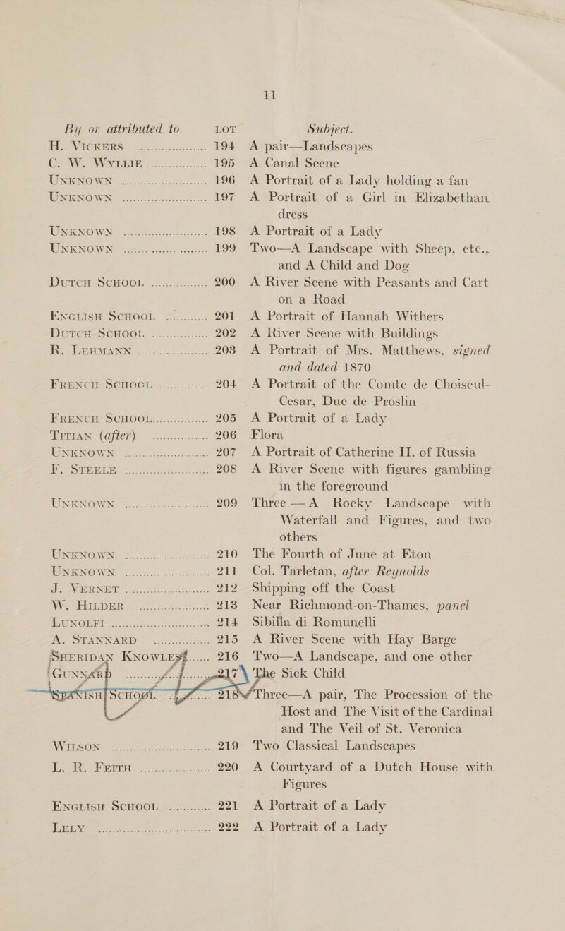 eV BOK oo 194. Ceres 195 NONE 2 sooo 196 WRGENOWN <0c5 ee 197 MENIENO WING ee ees 198 WON ENOWN: oo ec 199 Durer SCHOOL =. 200 ENGLISH SCHOOL =—....... 201 Durce-Sceno0o0t 3.4225... 202 i. GRMMANN -.- 30. ca: 203 FRENCE SCHOOL.........2:.2.. 204 Renew SCHOOL.....5..... 205 RANE (Opler). 2 en LS 206 HONUEN OWN Sic os 207 | ert SY oo OF DI erent Clears sor tne a 208 AINGIONIGH NS eee cs 209 Bineewiomnen > 210 AS ECNOWWIN. oo ors hee 211 tay EEN (alse 212 Vern bie eS 213 WENGE 27 oo eS 214 Pee SPAN N ACRE) ccs. aaa 215 Sueripany Know .sy¢....... 216 iGUNNAR . NV GOIN ee ao ee 219 ie ee oa hae ee 220 NGS SCHOOL 2.22.2... 291 bp ye eo ees 992  Ii A pair—Landscapes A Canal Scene A Portrait of a Lady holding a fan A Portrait of a Girl in Elizabethan. dress A Portrait of a Lady Two—A Landscape with Sheep, etc., and A Child and Dog A River Scene with Peasants and Cart on a Road A Portrait of Hannah Withers A River Scene with Buildings A Portrait of Mrs. Matthews, signed and dated 1870 A Portrait of the Comte de Choiseul- Cesar, Duc de Proslin A Portrait of a Lady Flora A Portrait of Catherine IT. of Russia A River Scene with figures gambling in the foreground Three — A Rocky Landscape with Waterfall and Figures, and two others The Fourth of June at Eton Col. Tarletan, after Reynolds Shipping off the Coast Near Richmond-on-Thames, panel Sibilla di Romunelli A River Scene with Hay Barge Two—A Landscape, and one other The Sick Child Host and The Visit of the Cardinal and The Veil of St. Veronica Two Classical Landscapes A Courtyard of a Dutch House with Figures A Portrait of a Lady A Portrait of a Lady