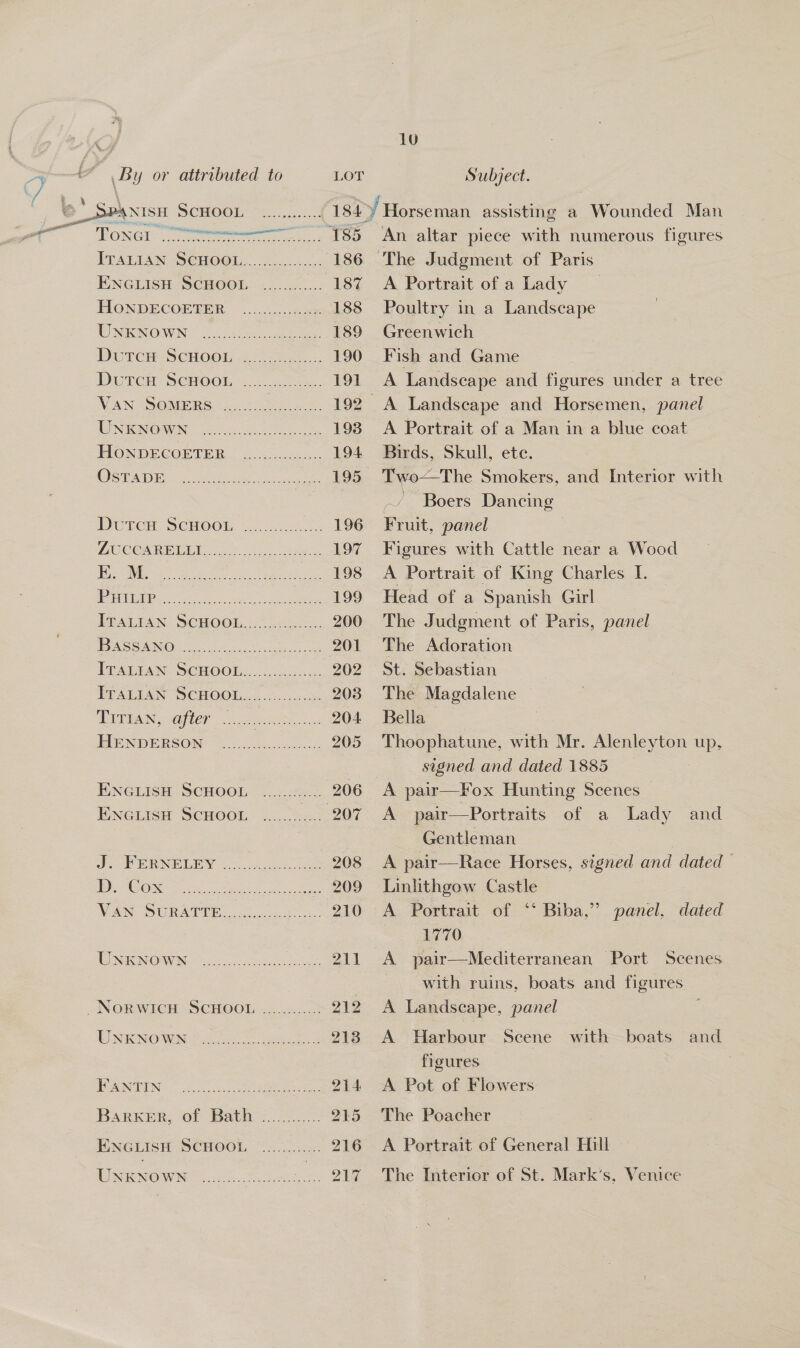 UNKNOWN ee eae eee @ SPANISH SCHOOL. ............ [vALIAN SCHOOL... 20 oles 186 WRENN W IN ea ei ne 189 DuTecu- SCHOOL 4. ek. 190 Durrett SCHOOL ....255.. 191 NAN GGG Yo ee 192 ON KNOWN So ee 193 HONDECOERTER: ). 3s. 194 CS WAGES op) ale or ean be 195 Durch SCHOOL. 0.0.0 196 LE CORRE Ee ee aay .. 197 aie ee act (toc pein Dae 198 PRAITAN SCHOO. 5S . 200 SOG Ne ee a 201 TTRALTANS SCHOORS ko 202 ITALIAN SCHOOL ..3).. 4s. 208 TWANG NOE? - ne eee 204 PIE NDERSONG oe 205 ENGLISH SCHOOL (2.0%: 206 ENGLISH SCHOOL. ......\-5.: 207 J FP eERNELEY ke ee 208 Dt WOne sou emtn ee eee 209 Var: SURATER oe 210 TEENRGNT ONIN, ys ee oe ae 211 Norwicu SCHOOL ............: 212 UNKNOWN ee 213 RUSINSEN Ge oan ee ae ae ale 214 Barker; of Bath 2.0 215 HNGLISH SCHOOL 90S 216 Ech hee ee ane ian 217 The Judgment of Paris Greenwich Fish and Game A Landscape and figures under a tree A Portrait of a Man in a blue coat Birds, Skull, ete. — Two—The Smokers, and Interior with -/ Boers Dancing Fruit, panel | Figures with Cattle near a Wood A Portrait of King Charles I. The Judgment of Paris, panel The Adoration St. Sebastian The Magdalene Bella Thoophatune, with Mr. Alenleyton up, signed and dated 1885 A pair—Fox Hunting Scenes A pair—Portraits of a Lady and Gentleman A pair—Race Horses, signed and dated © Linlithgow Castle A Portrait of ‘‘ Biba,” panel, dated 1770 A pair—Mediterranean Port Scenes with ruins, boats and figures A Landscape, panel A Harbour Scene with boats and figures A Pot of Flowers. The Poacher A Portrait of General Hill The Interior of St. Mark’s, Venice